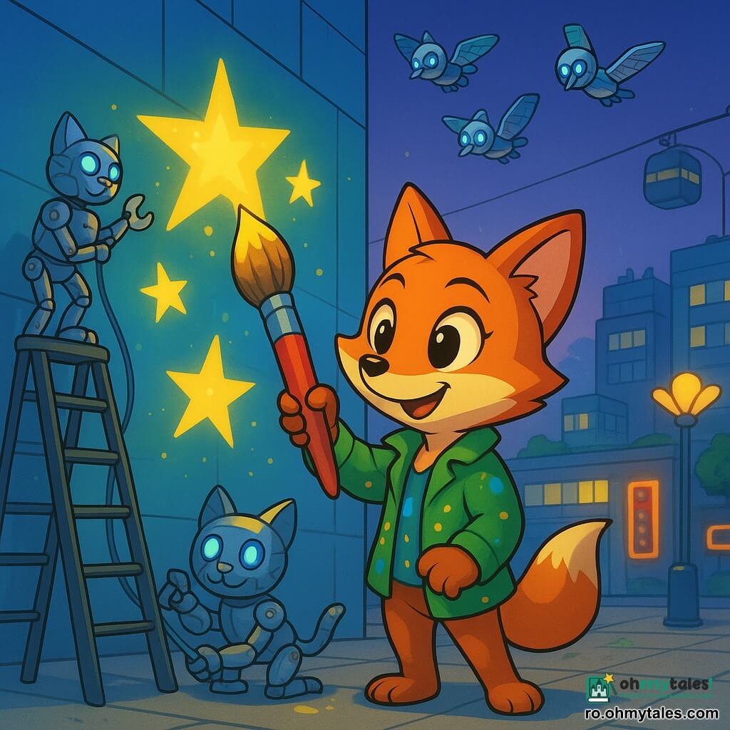 O mică vulpiță antropomorfă zâmbitoare și concentrată, blană roșcată cu reflexe aurii, ochi mari șireți, poartă o geacă verde pătată de vopsea și ține o pensulă magnetică mare cu care pictează stele strălucitoare pe o fațadă înaltă; două pisici mecanice din metal lustruit, cu ochi LED albaștri — una pe o scară magnetică în stânga ajustând cabluri, cealaltă la sol lustruind o conexiune lângă vulpiță; un grup de porumbei solari mici cu pene argintii poartă mini-panouri solare și zboară deasupra; scena are loc pe o mare piață terasată urbană, fațada e compusă din panouri rectangulare plutitoare care emit lumină blândă, funiculare suspendate și grădini pe acoperișuri în fundal, stâlpi de iluminat în formă de flori și panouri neon animate; situație: vulpița și prietenii creează o frescă luminoasă participativă pe fațadă, culori vii (verde-emerald, albastru-ciel, galben-soare) care scânteiază, stropi de vopsea luminescentă în aer, atmosferă caldă și colaborativă la amurg, contraste puternice și contururi stil desen animat anii ’90, compoziție dinamică ușor în câmp vizual de sus centrata pe vulpiță.