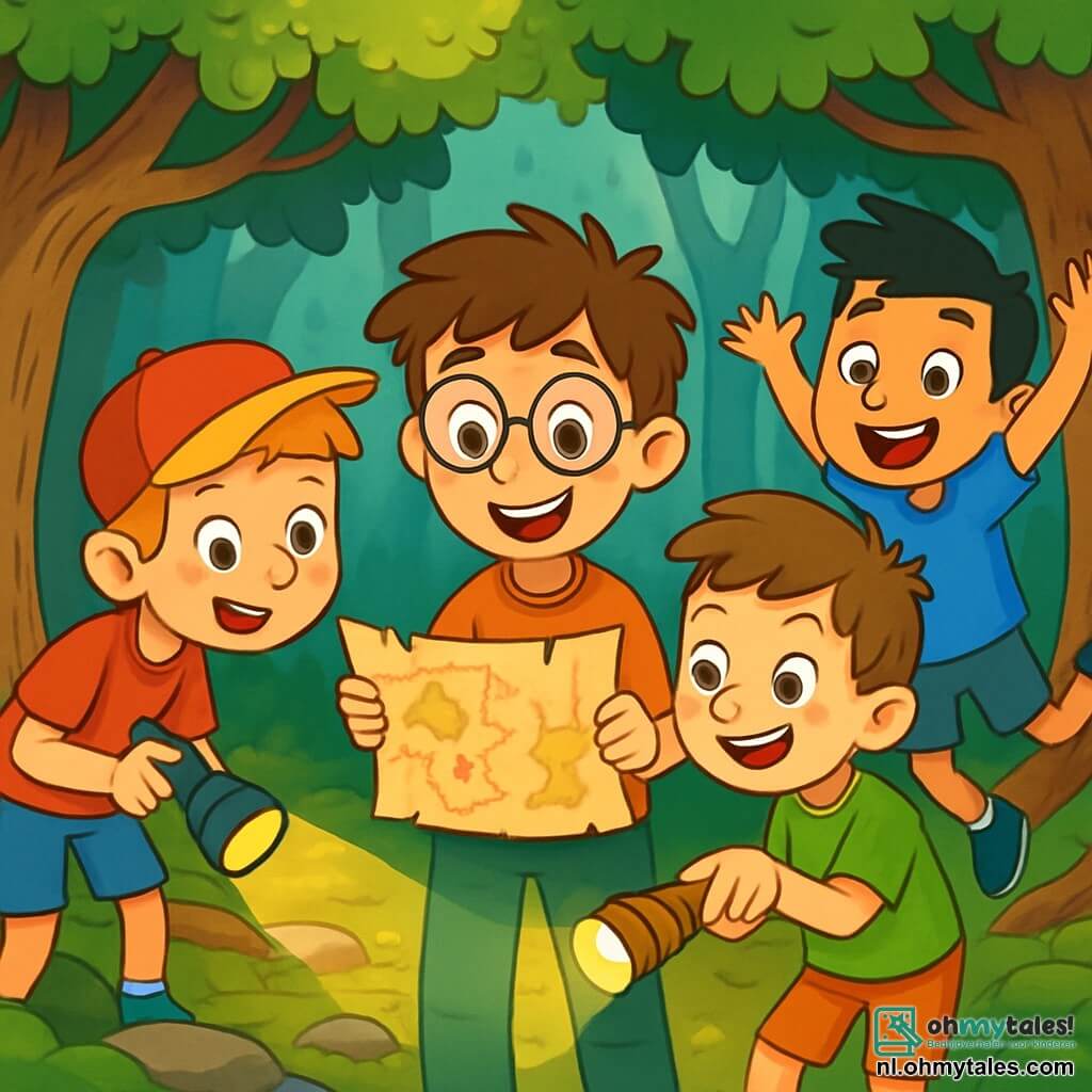 Er zijn 4 kinderen: - Tim: Een 10-jarig jongen met rommelig bruin haar en een bril met ronde glazen. Hij houdt een oude schatkaart vast met een grote glimlach, staande in het midden. - Bram: Een 9-jarig jongen met blond haar en een rode pet. Hij leunt iets naar voren, nieuwsgierig, terwijl hij naar Tims kaart kijkt. - Jesse: Een 8-jarig jongen met kastanjebruin haar en sproeten. Hij houdt een zaklamp vast en verlicht het pad, staande links van Tim. - Max: Een 9-jarig jongen met zwart haar en een felblauw T-shirt. Hij springt van blijdschap rechts van Tim, met opgetrokken armen, enthousiast over het avontuur. De scène speelt zich af in een oude en mysterieuze bos, met grote bomen met knoestige stammen en heldergroene bladeren. Op de grond kronkelen wortels tussen met mos bedekte stenen. Op de achtergrond staat een oude, door de tijd vervaagde houten schuur met een houten deur die klaar lijkt om open te gaan naar vergeten geheimen. De hoofdactie toont de kinderen die een oude schatkaart ontdekken, met verwondering op hun gezichten. Ze staan rond een grote eik, opgewonden over het idee om op zoek te gaan naar de mysterieuze verborgen schat, klaar voor een onvergetelijk avontuur.