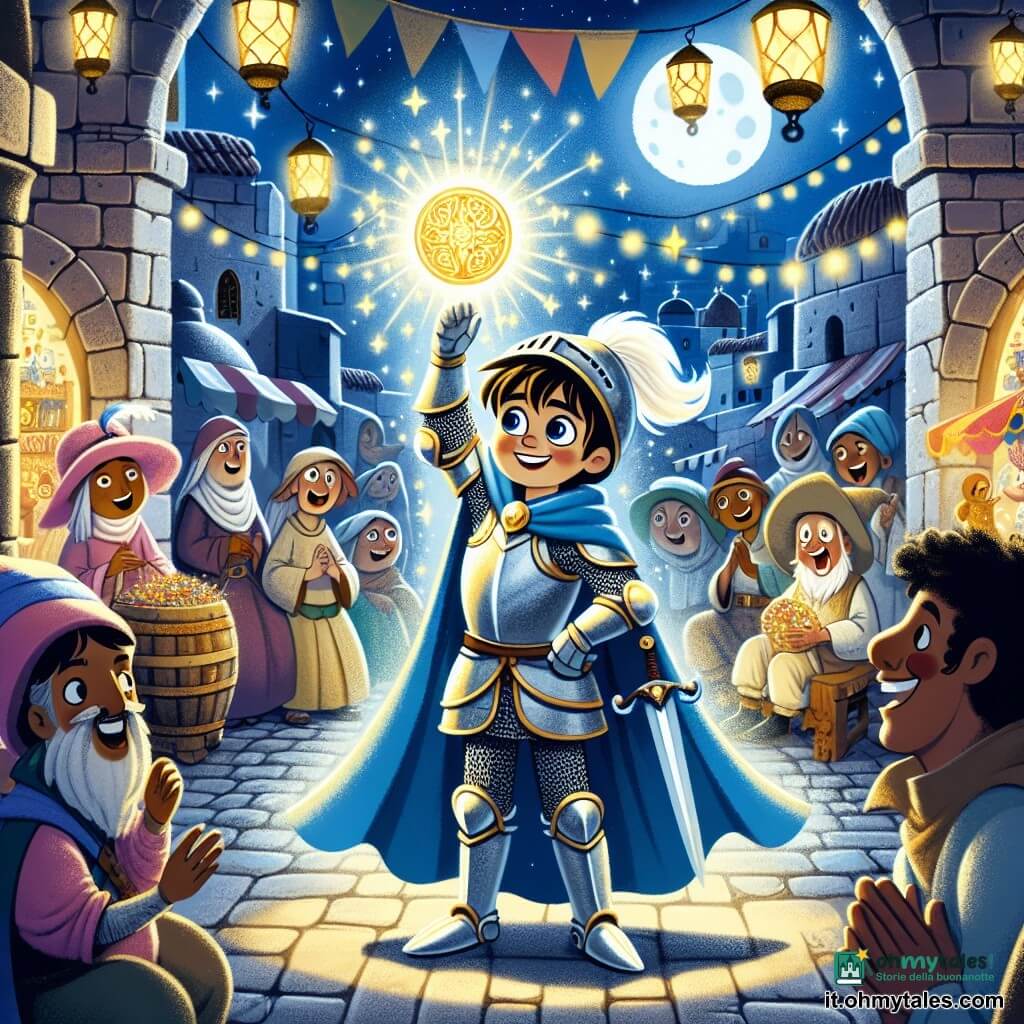Un giovane cavaliere, un ragazzo di circa 16 anni, si trova al centro della scena, con un volto determinato e coraggioso. Indossa un'armatura brillante ornata da un mantello blu che fluttua nel vento, e la sua spada scintilla sotto la luce della luna. Accanto a lui, un bandito gioviale, un uomo di una cinquantina d'anni con un cappello colorato e un ampio sorriso, gesticola con entusiasmo, tenendo un campanello d'oro. Il contesto è una piazza di mercato medievale, con banchi di legno vuoti, lanterne sospese che illuminano debolmente l'ambiente e pavimenti usurati dal tempo. Ombre danzano attorno ai muri delle case in pietra, creando un'atmosfera misteriosa e magica. La scena principale mostra il giovane cavaliere che solleva un amuleto d'oro brillante, pronto a spezzare l'incantesimo che grava sul mercato. I volti dei mercanti, pieni di speranza e meraviglia, si rivolgono a lui, aspettando con impazienza il ritorno della prosperità.