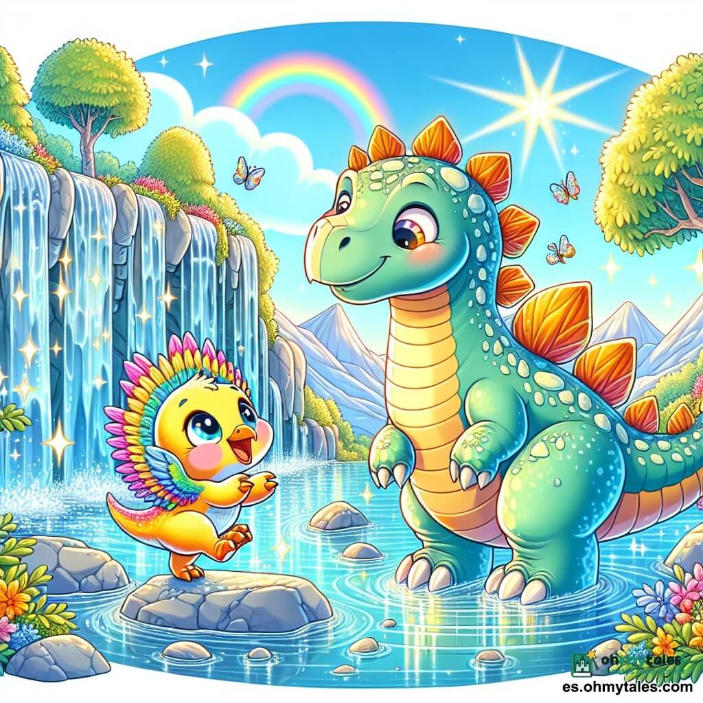 Un estegosaurio de corazón tierno, con placas verdes y naranjas en su espalda, se encuentra al borde de una cascada brillante. Sus grandes ojos brillan de emoción y curiosidad mientras observa a un pequeño dinosaurio de plumas coloridas que baila alegremente sobre una piedra plana. El pequeño dinosaurio, un poco travieso, tiene plumas amarillas y azules, y gira con una gran sonrisa, sus patas ligeras rozando el agua. El lugar es un valle soleado, rodeado de suaves montañas, con árboles de hojas brillantes y flores vibrantes que añaden toques de color. La cascada, hecha de piedras transparentes, vierte agua clara que crea arcoíris bajo el sol. La escena principal muestra al estegosaurio y al pequeño dinosaurio compartiendo un momento de alegría, bailando juntos al ritmo del agua que canta, mientras luciérnagas brillan a su alrededor, iluminando la escena con una magia suave y cálida.
