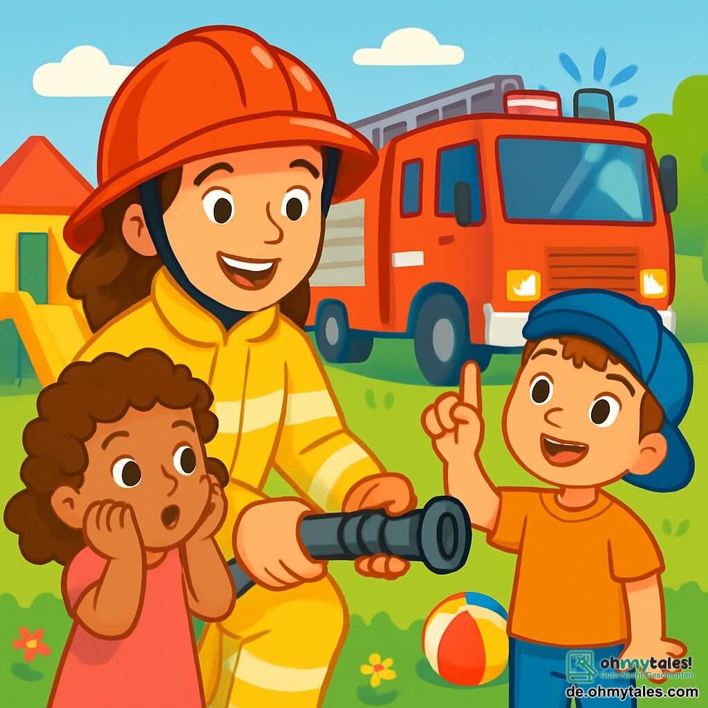 Eine junge Feuerwehrfrau, Lena, lächelt voller Energie und trägt einen großen glänzenden roten Helm sowie eine leuchtend gelbe Feuerwehrjacke. Sie zeigt den Kindern einen großen Feuerwehrschlauch, ihre Augen strahlen vor Freude und Stolz. Mia, ein 5-jähriges Mädchen mit lockigem Haar und einem rosa Kleid, schaut mit Staunen, die Hände auf ihren Wangen. Neben ihr hebt Tom, ein 6-jähriger Junge mit einer blauen Mütze, die Hand, um eine Frage zu stellen, sein Gesicht strahlt vor Neugier. Die Szene findet in einem sonnigen Kindergarten statt, mit bunten Spielzeugen, die auf dem grünen Gras verstreut liegen, und leuchtenden Blumen drumherum. Im Hintergrund steht ein großer, funkelnder roter Feuerwehrwagen mit blinkenden Lichtern. Lena erklärt begeistert, wie man den Feuerwehrschlauch benutzt, während die Kinder aufmerksam zuhören, ihre Augen leuchten vor Aufregung und Bewunderung.