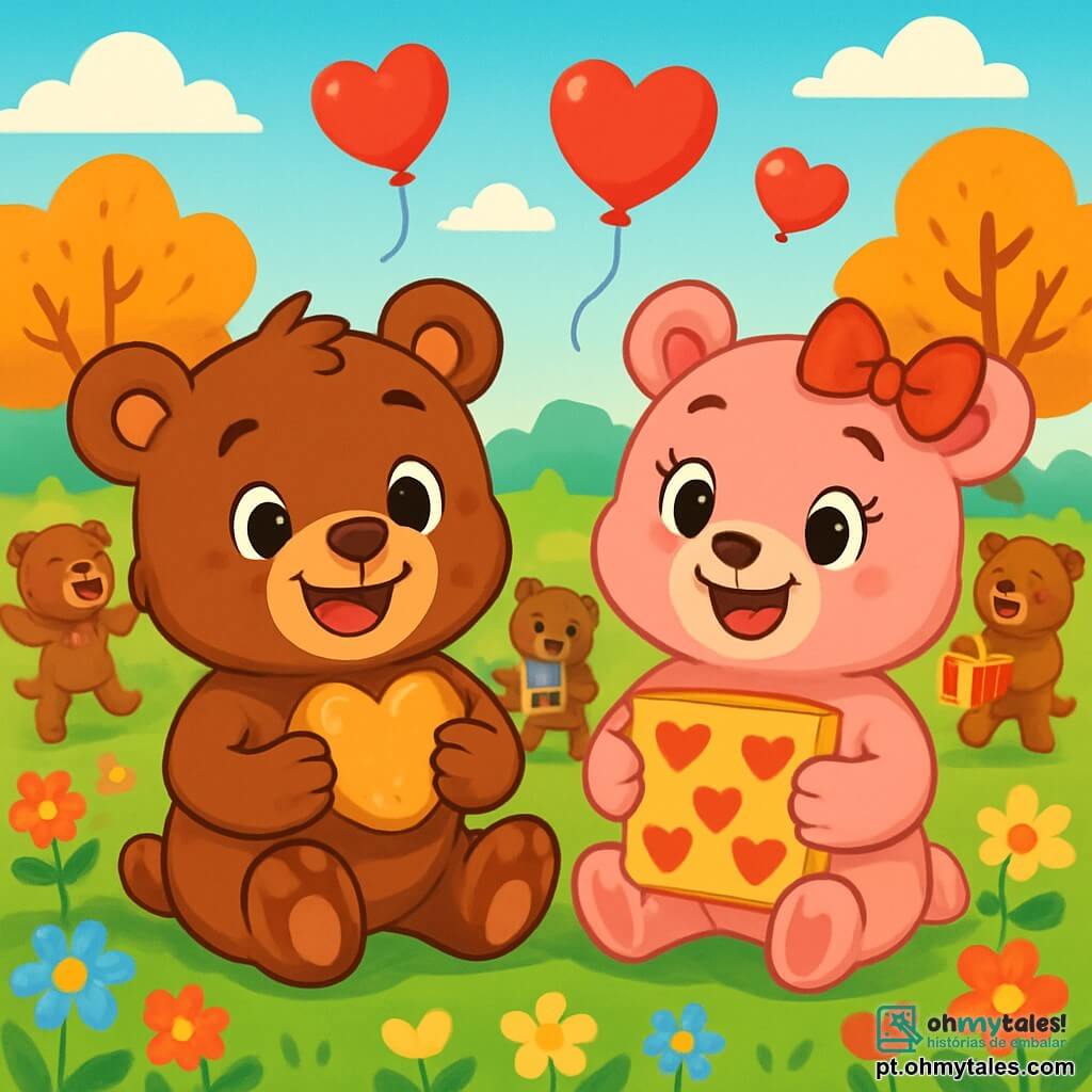 Um pequeno urso marrom chamado Tico, com um grande sorriso alegre e olhos brilhantes, está sentado na grama verde, segurando um biscoito em forma de coração em suas pequenas patas. Ao lado dele, uma ursinha chamada Bela, com pelagem rosa e um laço vermelho no cabelo, sorri entusiasticamente segurando um cartão decorado com corações. Ao fundo, um bosque de flores coloridas e árvores com folhas douradas criam uma atmosfera acolhedora e festiva. Balões vermelhos flutuam no céu azul, adicionando um toque de magia à cena. Tico e Bela estão cercados por outros pequenos ursos que dançam e riem, compartilhando presentes e sorrisos, celebrando alegremente o dia dos namorados.