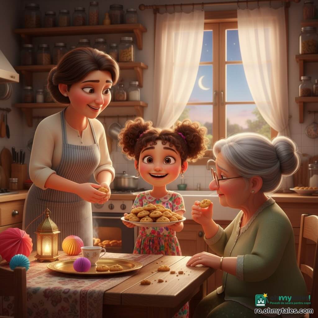 O fetiță de 8 ani fericită și mândră oferă o farfurie cu biscuiți cu curmale, părul șaten buclat în două cozi, rochie colorată cu flori; mama (~35 ani) zâmbitoare, cu mâini făinoase și șorț cu dungi stă lângă cuptorul deschis și privește cu tandrețe; bunica (~70 ani) așezată la masa de lemn, păr gri prins în coc și ochelari rotunzi, primește un biscuit și își sprijină cealaltă mână pe brațul fetiței; bucătăria e caldă și luminoasă, pereți crem, rafturi de lemn cu borcane de sticlă, fereastră cu perdea subțire și vedere spre un semilună, masă rustică cu față de masă brodată și tavă aurie; lumini calde de felinare și lampioane, aburi de la ceai și firimituri pe masă; compoziție centrată pe fetiță, prim-planuri pe fețele expresive, texturi clare ale aluatului, lemnului și textilelor, culori calde, contrast blând; stil animație 3D, redare moale, expresii exagerate prietenoase și iluminare aurie de seară, atmosferă familială și liniștită.