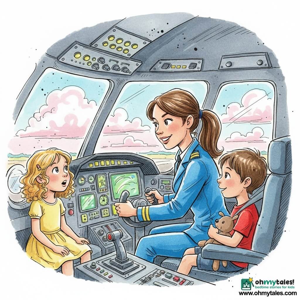 A smiling but focused female pilot with chestnut hair in a ponytail, wearing a bright blue uniform with silver buttons, hands on the yoke and leaning toward the instruments with a reassuring, determined expression; a 7‑year‑old girl with curly hair in a yellow dress sits at a left window, eyes wide with wonder; a 6‑year‑old boy with short brown hair in a red T‑shirt sits opposite her, strapped in and clutching a small stuffed toy; detailed cockpit with lit panels, green and blue screens, metal levers and a control yoke, round windows showing cottony clouds, outside a runway below and a pastel sky with pink and white clouds; calm landing after a minor technical issue, serene and safe atmosphere, soft light, vivid contrasting colors; style: fine ink lines, color wash and watercolor textures, childlike yet tidy strokes.