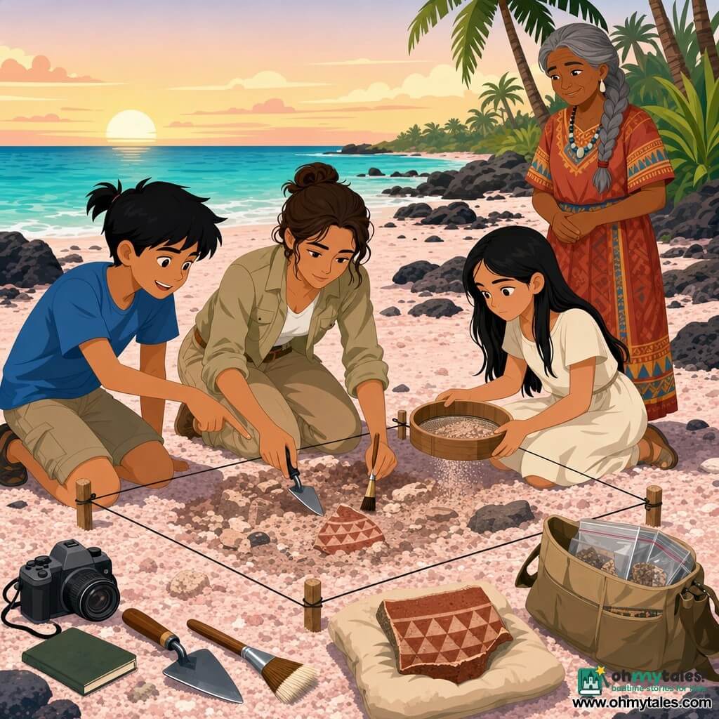A focused, serene female archaeologist with tanned skin and brown hair in a bun, wearing a light khaki jacket and rolled beige pants, kneels in a marked excavation square on pale pink coral sand, holding a small trowel and fine brush; to her left Kio (about 12), curious and smiling with black hair in a ponytail and a blue t‑shirt, points at a small reddish pottery tessera decorated with triangles; to her right Tala (about 11), serious but amazed with long black hair in a cream dress, gently uses a wooden sieve beside a sample bag; an older woman Lani, calm and attentive with dark skin, braided gray hair and a colorful traditional dress, stands back near the palm trees guiding with a kind smile; nearby tools (brush, trowel, sieve, camera) are lined up, a pottery fragment on a cushion is visible, dark rocks dot the beach, turquoise sea on the horizon and a dusky sky casting soft golden light.