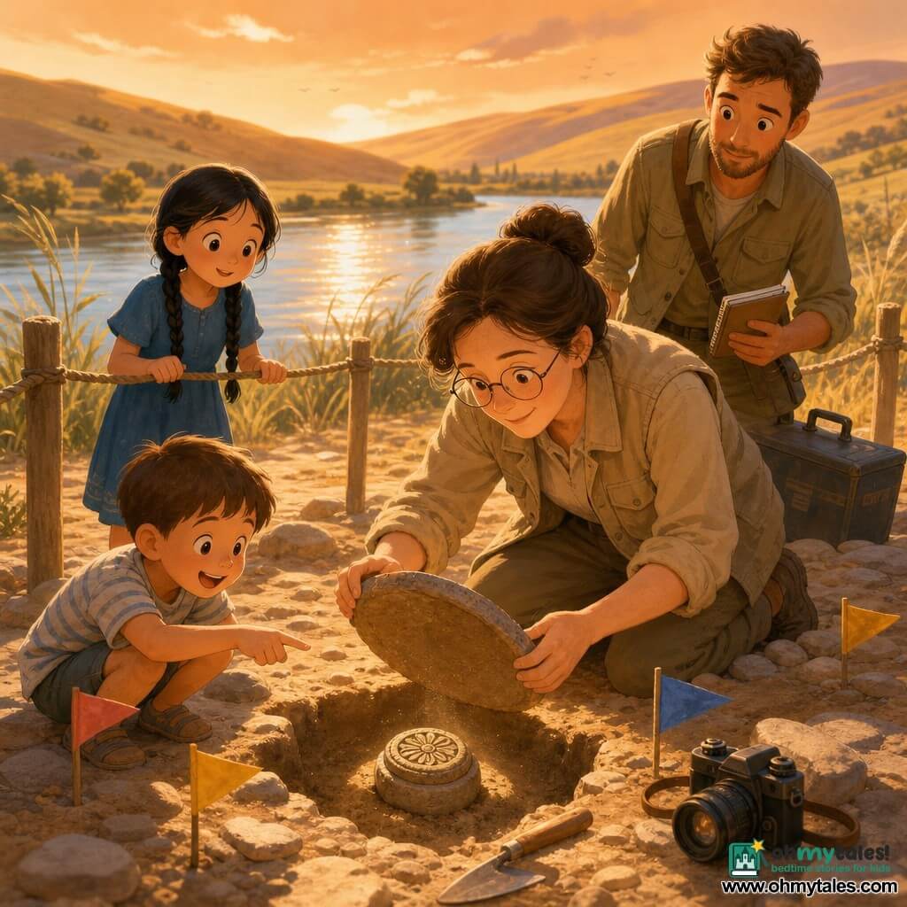 A focused, gentle female archaeologist in her forties with fair skin, brown hair in a bun and round glasses, kneeling in a dusty beige jacket and brushing aside a recently lifted stone lid to reveal a small round seal with a floral engraving, smiling shyly; her assistant Sam, about 30, short hair and light beard in khaki field clothes, stands slightly behind holding a toolbox and notebook; an 8‑year‑old village girl with black braided hair and a simple blue dress watches in wonder behind a rope while a 6‑year‑old boy in a striped T‑shirt crouches and excitedly points; the scene on a shining riverbank with honey‑colored rolling hills, tall grasses, scattered flat stones and warm orange late‑afternoon light, dust motes, colorful marker flags planted nearby and a camera set on the sand, calm respectful atmosphere, warm ochre‑honey‑blue palette, smooth textures and clear, child‑friendly composition.