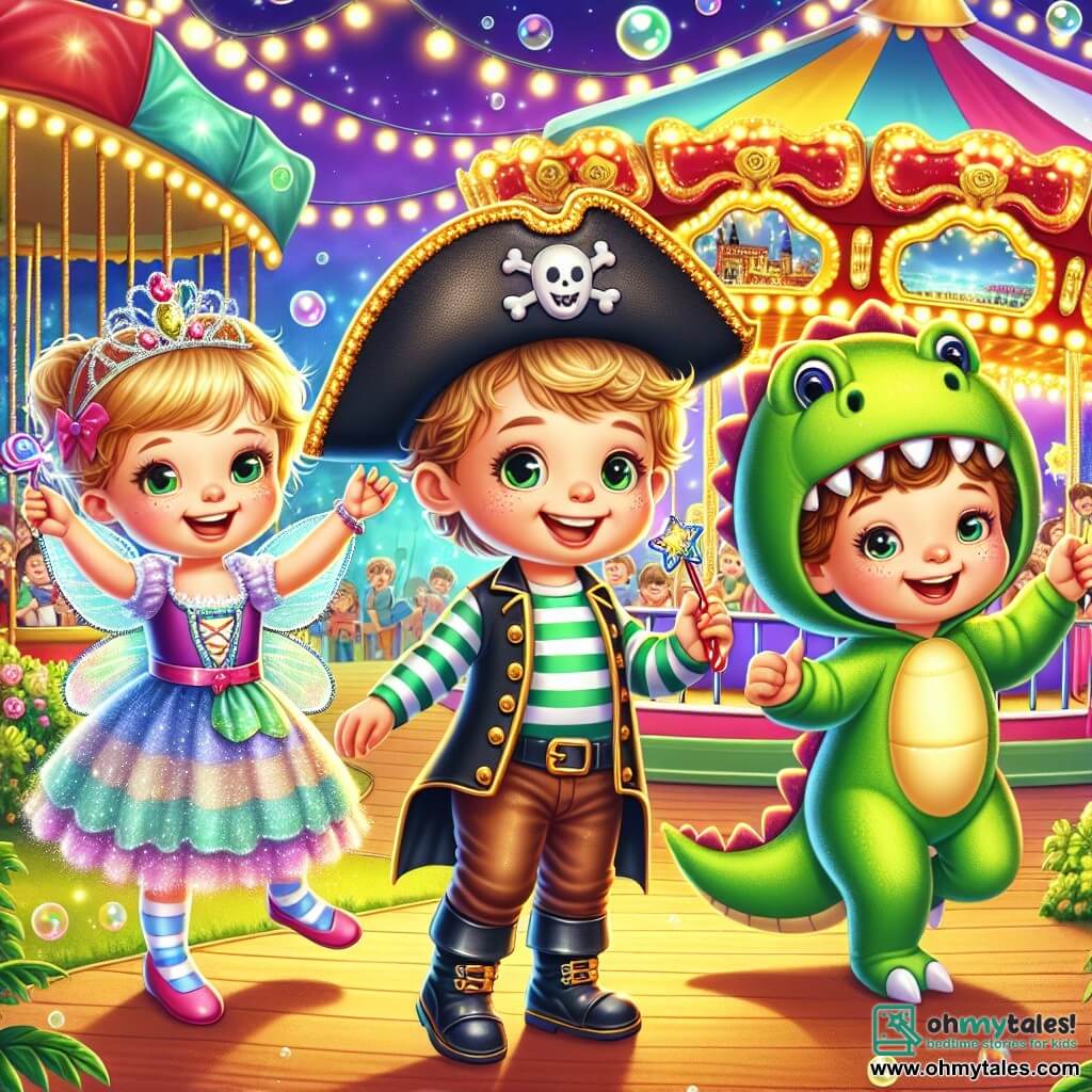In the center of the scene, Benny, a three-year-old boy, wears a shiny pirate hat and a striped shirt. He brandishes a small plastic sword with a big smile. To his right, Lily, a three-year-old girl, is dressed in a sparkling fairy dress with colorful wings. She joyfully dances while waving her magic wand. On the left, Max, a three-year-old boy, is disguised as a dinosaur in a green costume with a large tail. He pretends to roar while jumping in place. The setting is a vibrant carnival, with colorful stalls decorated with fairy lights and multicolored balloons. In the background, a large stage with twinkling lights and applauding spectators can be seen. Rides spin joyfully, and bubbles float in the air, adding a magical touch to the atmosphere. The three friends are participating in a costume contest on stage, dancing and having fun together, surrounded by laughter and applause. They are on a quest to find hidden treasure, making the scene even more exciting and lively.
