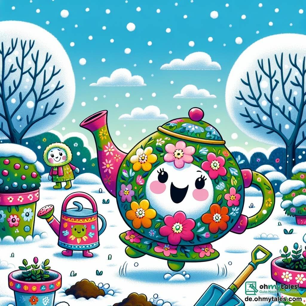 Tilly, eine bunte Teekanne mit einem lächelnden Gesicht, springt voller Freude in einem verschneiten Garten, umgeben von sanft fallenden Schneeflocken. Sie hat ein lebhaftes florales Design mit leuchtenden Farben, die im Kontrast zum weißen Winterlandschaft stehen. Greta, die Gießkanne, steht neben ihr, mit einem warmen Lächeln und funkelnden Augen, während sie Blumentöpfe mit Erde füllt, um den Garten für den Frühling vorzubereiten. Simon, die Schaufel, steht etwas weiter weg und hebt Schneehaufen mit einem entschlossenen Ausdruck im Gesicht. Der Garten ist ein wahres Winterwunderland, mit schneebedeckten Bäumen, sanft geformten Sträuchern und kleinen Tierspuren im Schnee. Der Himmel ist strahlend blau, durchzogen von fluffigen weißen Wolken. Die Hauptsituation zeigt Tilly und ihre Freunde, die fröhlich daran arbeiten, den Garten für den Winter vorzubereiten, während sie lachen und Geschichten erzählen, was eine Atmosphäre von Kameradschaft und Glück schafft.
