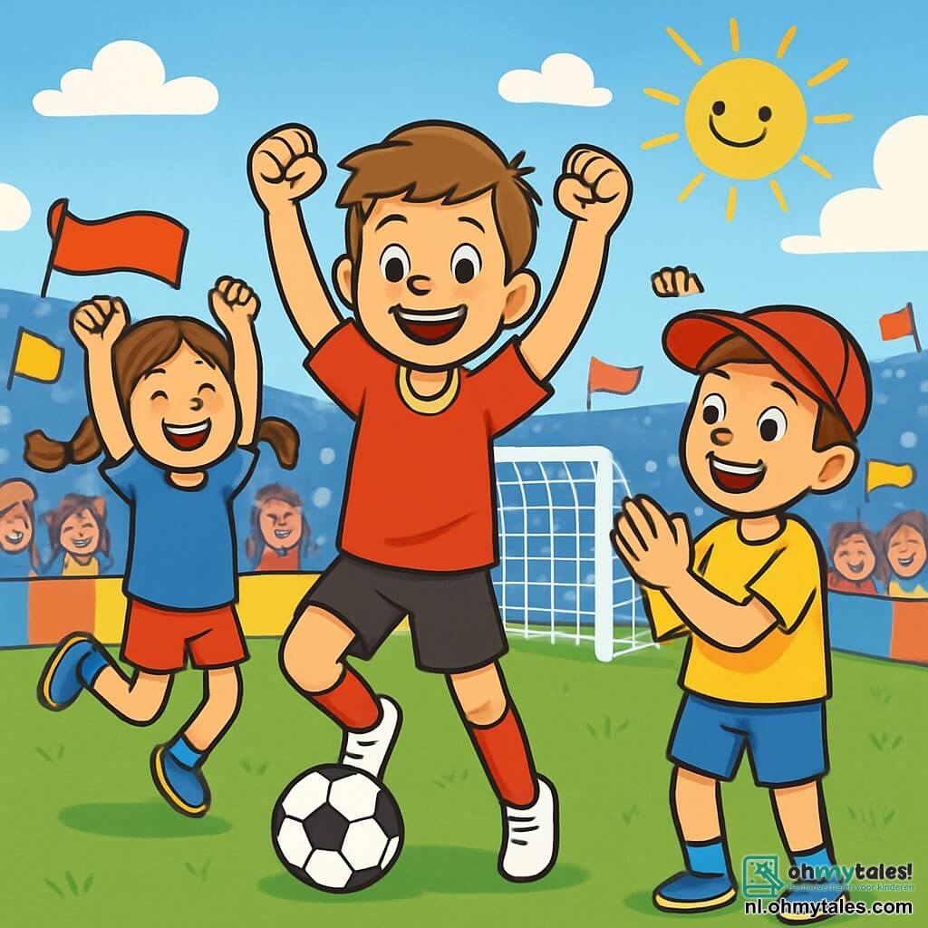 Een jonge man, Tim, staat in het midden van de afbeelding, glimlachend met sprankelende ogen van opwinding. Hij draagt een felrode voetbalshirt, een zwarte short en witte sportschoenen, terwijl hij een doelpunt viert met zijn armen in de lucht. Aan zijn rechterkant staat een meisje met bruin gevlochten haar, ongeveer 10 jaar oud, in een blauwe t-shirt en shorts. Ze springt van blijdschap met haar armen in de lucht en een grote glimlach op haar gezicht. Aan zijn linkerkant staat een jongen met een rode pet, ook ongeveer 10 jaar oud, die enthousiast applaudisseert, met trotse ogen. De achtergrond is een groen voetbalveld, omringd door enthousiaste toeschouwers in de tribunes, die gekleurde vlaggen en spandoeken omhoog houden. De lucht is blauw met enkele witte wolken, en de zon schijnt, wat een vrolijke sfeer aan de scène toevoegt. De hoofdactie toont Tim die zijn overwinning viert na het scoren van een beslissend doelpunt, omringd door kinderen die hem bewonderen en zijn vreugde delen, wat een sfeer van kameraadschap en passie voor voetbal creëert.