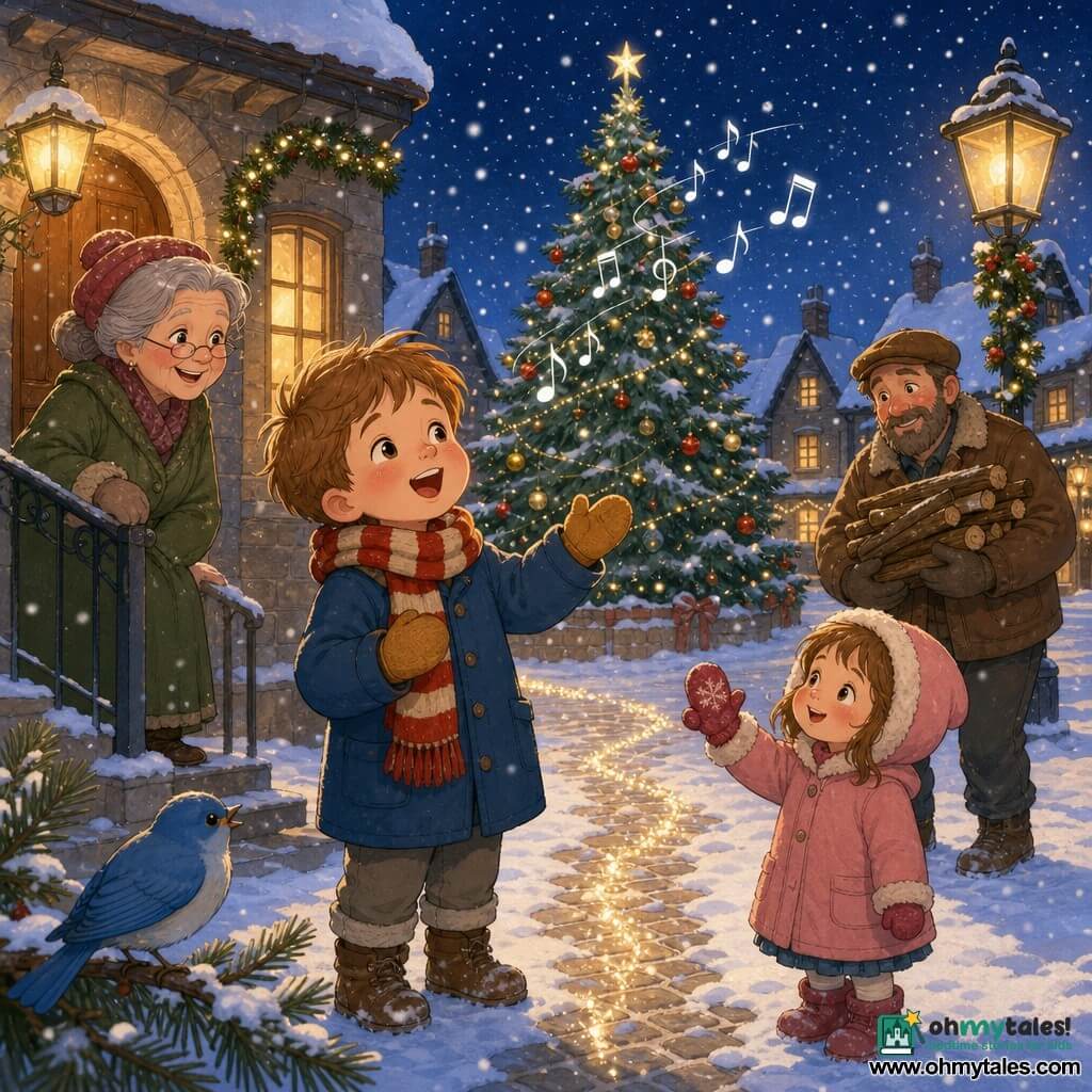 A shy, joyful 6-year-old boy with a round, rosy-cheeked face and tousled light brown hair wears a mustard-blue coat, red-and-white striped scarf and wool mittens; he sings softly with mouth open, bright eyes and a gentle smile. To his left, Mrs. Willow, about 70, with gray hair in a bun, an olive coat and red hat, smiles from her doorstep with one hand on the railing. In the right background, Mr. Brown, about 50, bearded in a brown jacket and cap, carries logs and nods at the boy. In front of the boy near his feet, 4-year-old Mia in a pink hooded coat and matching mittens holds up a recovered mitten. A small blue bird perches on a low fir branch with a few flakes on its feathers. Setting: a snowy village square at night with glistening snow-covered cobbles, retro lampposts with golden garlands, stone houses with lit windows and a large decorated fir. The boy sings under falling flakes, white musical notes float in the air, neighbors listen and smile, and a glittering path in the snow leads to his house, creating a warm, magical atmosphere of deep blues, warm golds and rich reds.