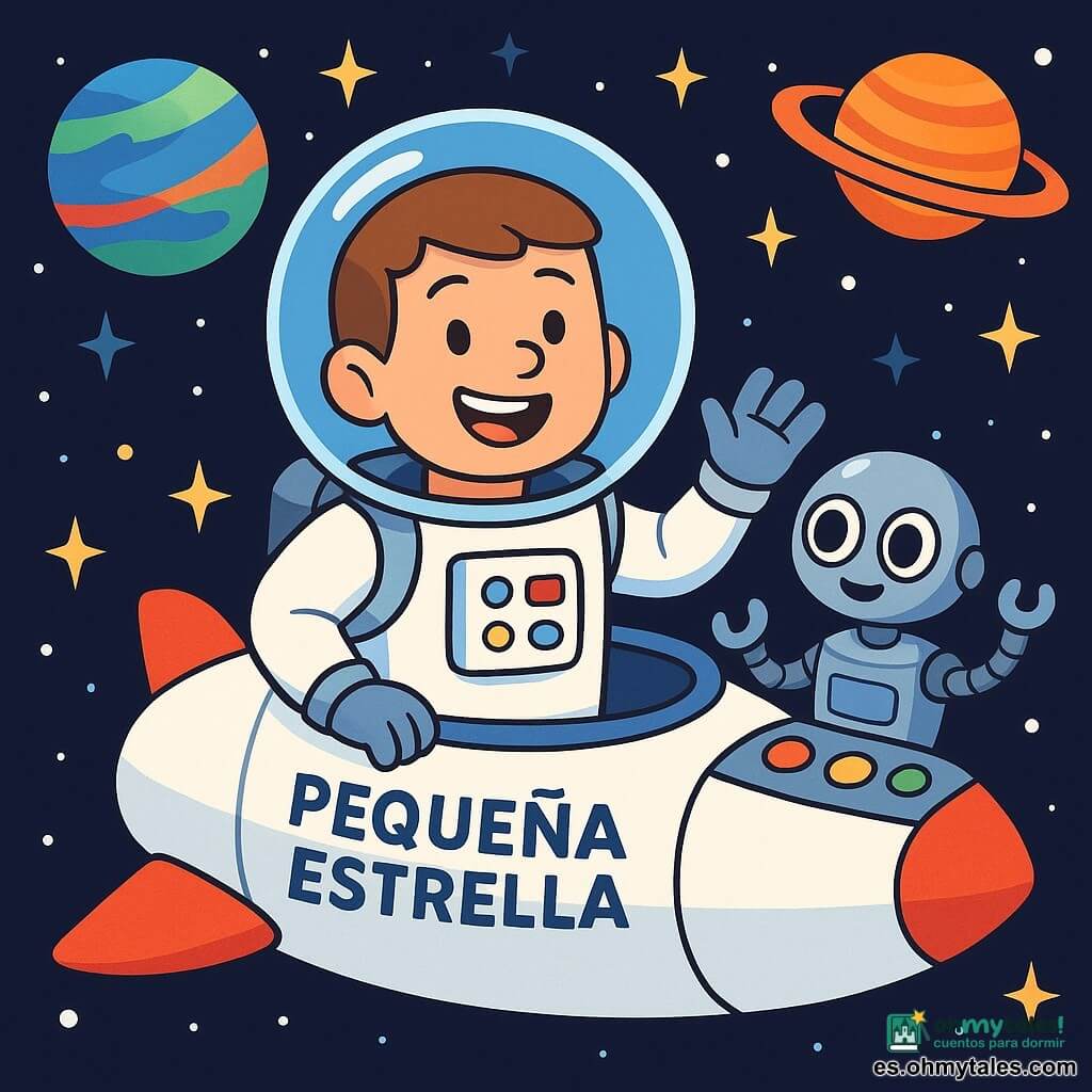 Un hombre llamado Tomás, sonriente y entusiasta, lleva un traje espacial blanco y un casco brillante. Está de pie dentro de su pequeña nave espacial, la Pequeña Estrella, con estrellas centelleantes visibles a través de la ventanilla. A su lado, un pequeño robot llamado Roli, con ojos redondos y brillantes, se encuentra sobre un panel de control. Roli es de metal plateado y tiene una mano articulada, parece curioso y amistoso. La escena transcurre en el espacio, con un fondo lleno de planetas coloridos, estrellas brillantes y un hermoso cielo negro. Tomás y Roli están conversando alegremente, mientras la Pequeña Estrella flota suavemente cerca de un planeta de colores vivos, azul, verde y rojo, que emerge en la inmensidad del universo.