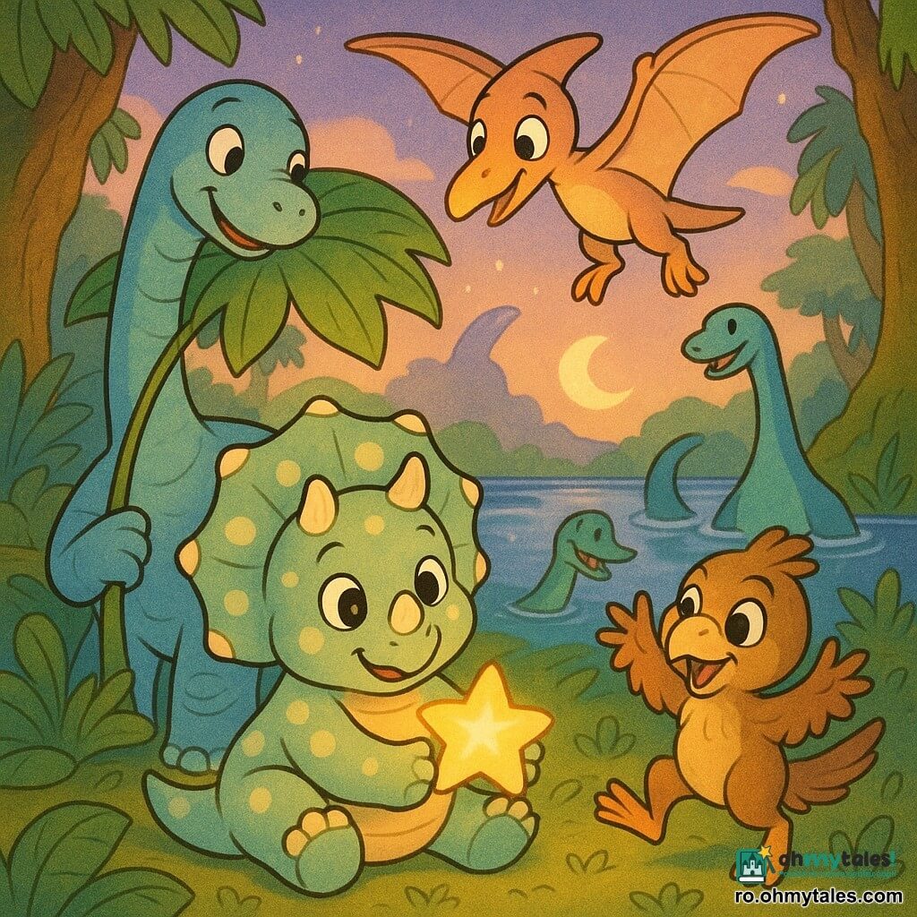 Un mic triceratops numit Triceri, față rotundă și ochi mari și strălucitori, piele verde pal cu pete crem, trei coarne scurte și rotunjite, zâmbitor, ține o mică stea caldă și luminoasă între labele scurte; în spate un brontosaur tânăr, albastru pastel cu gât lung, susține o frunză uriașă; un pui de raptor jucăuș, de mărimea unei pisici, cu pene maronii și ochi ștrengari, sare vesel în dreapta; un ptero cu aripi largi în tonuri somon planează jos și ține steaua cu o labă delicată; un plesiosaur turcoaz la malul lacului scoate capul din apă și înconjoară lumina; decor: pădure străveche cu sol moale acoperit de frunze mari, lac oglinditor care reflectă luna, iarbă fină, flori rotunde, trunchiuri muscate, cer crepuscular lavandă-piersică; toate dinozaurii formează un mic cerc ca niște oameni, trecând steaua spre cer, lumină aurie pe fețele lor, atmosferă caldă, pașnică și magică, culori pastel saturate, contururi clare, stil desen animat anii '90.
