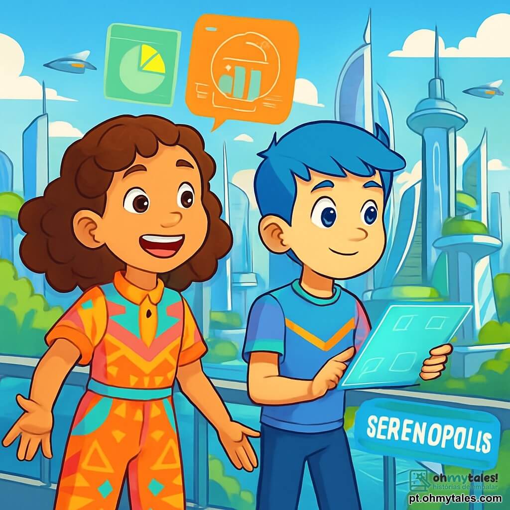 Uma menina de 12 anos, com cabelos castanhos e cacheados, e olhos cheios de curiosidade, está à beira de um mirante com vista para uma cidade futurista. Seu rosto brilha com um sorriso maravilhado, e ela usa uma roupa leve de cores vibrantes, decorada com padrões geométricos. Ao seu lado, um menino de 13 anos, com cabelos azuis brilhantes e olhos vivos, observa a cidade com fascínio. Ele veste uma camiseta futurista e calças justas, segurando um tablet holográfico nas mãos, pronto para explorar. O cenário é uma metrópole futurista, com torres cintilantes de vidro e metal, jardins suspensos exuberantes e veículos voadores deslizando no céu azul. Hologramas coloridos flutuam ao redor, projetando informações sobre a cidade. A cena principal mostra a menina e o menino admirando a beleza de Serenópolis, enquanto se preparam para descobrir as maravilhas tecnológicas e naturais ao seu redor, cheios de empolgação e deslumbramento.