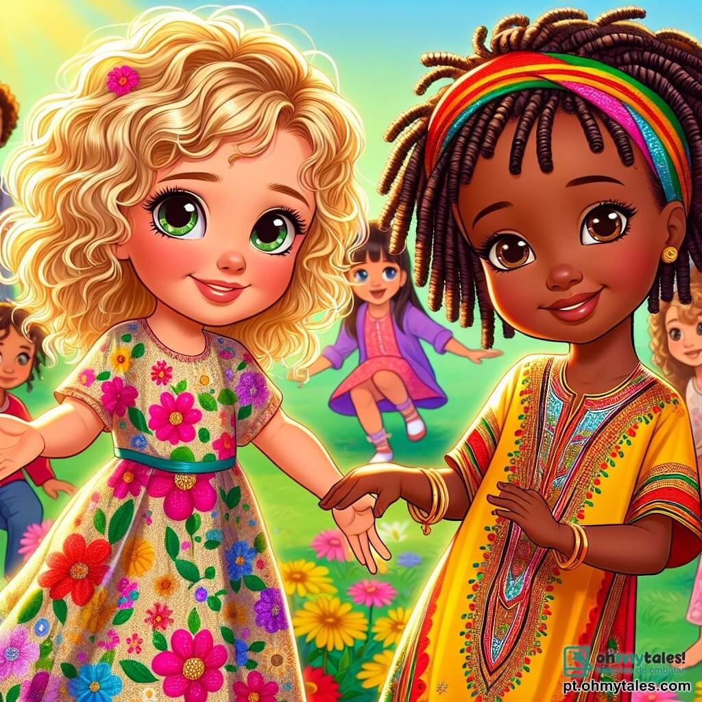 Uma menina de 6 anos, Sofia, com cabelos loiros e cacheados, grandes olhos cheios de curiosidade, está no centro da imagem, sorridente e cheia de energia. Ela veste um vestido colorido com flores e estende a mão para sua nova amiga. Ao lado dela, Amina, uma menina de 6 anos de origem maliana, com cabelos negros e crespos, usa uma túnica tradicional colorida. Ela sorri timidamente, com os olhos brilhando de excitação, enquanto segura um pequeno tambor nas mãos. O cenário é um parque ensolarado, cheio de árvores verdes e flores coloridas. Ao fundo, outras crianças brincam alegremente, criando uma atmosfera de festa e camaradagem. A cena principal mostra Sofia e Amina de mãos dadas, prontas para dançar juntas, celebrando sua amizade e a diversidade que as une, cercadas de risos e alegria.