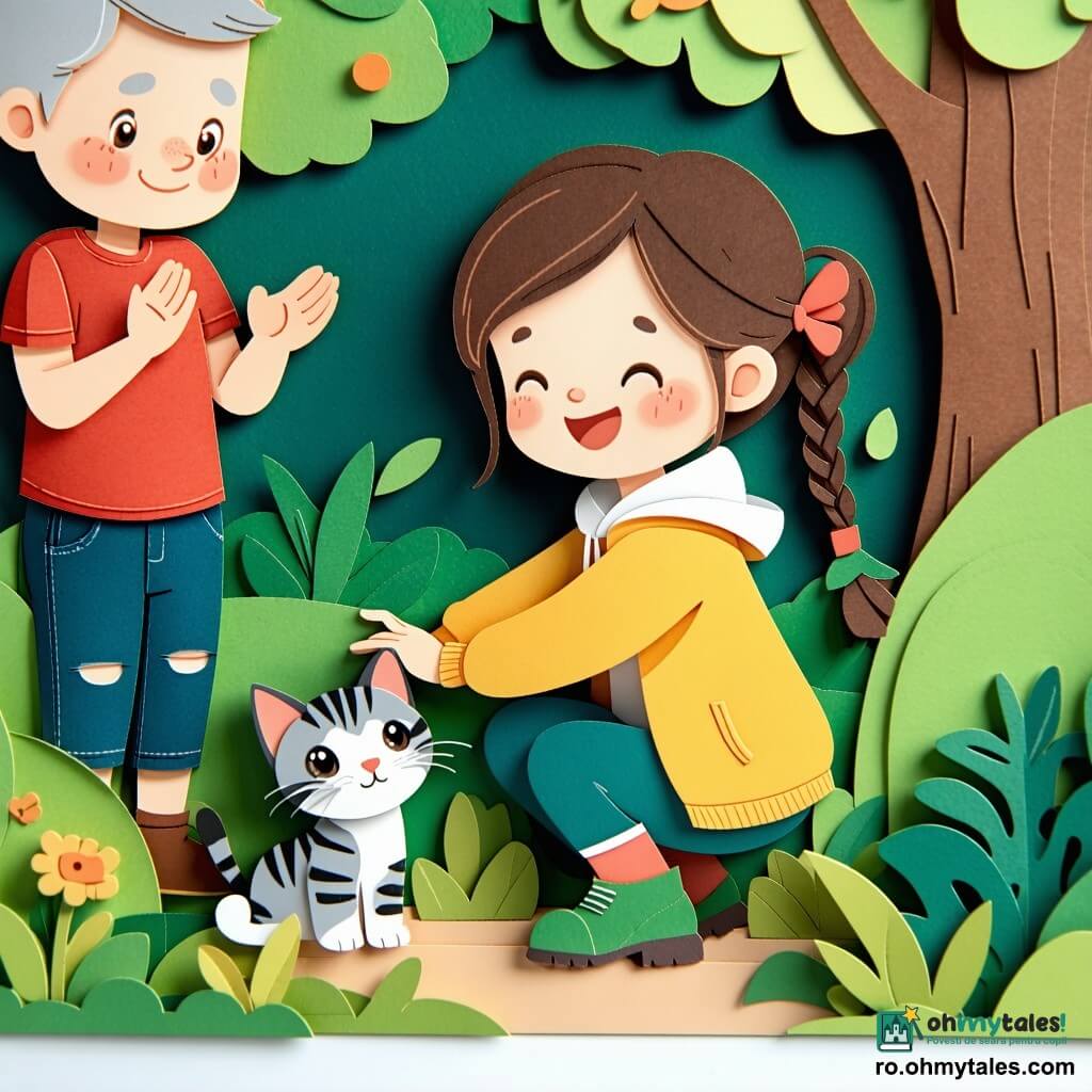O fetiță de 8 ani, fericită și concentrată, părul șaten des în cosițe, ochii mari și curioși, poartă o geacă galbenă și cizme verzi, se ghemuiește și întinde mâna să mângâie o pisicuță tigrată ascunsă în tufe; un băiat de circa 7 ani, vioi și energic, păr șaten dezordonat, tricou roșu și pantaloni scurți din blugi, stă în stânga aplauzând ușor și privindu‑o cu entuziasm; un vecin în vârstă de aproximativ 60 de ani, zâmbitor și ușurat, păr scurt grizonant și cămașă în carouri, se află în fundal lângă poarta grădinii cu mâinile ușor pe piept; decorul este o curte mică însorită cu iarbă verde, un copac mare cu frunziș la dreapta, tufe dese cu frunze și flori roșii și albastre, o poartă de grădină și o căsuță din lemn vopsită pastel; scenă caldă a descoperirii pisicuței, culori vii și texturi de tip decupaj de hârtie cu margini clare și umbre blânde.