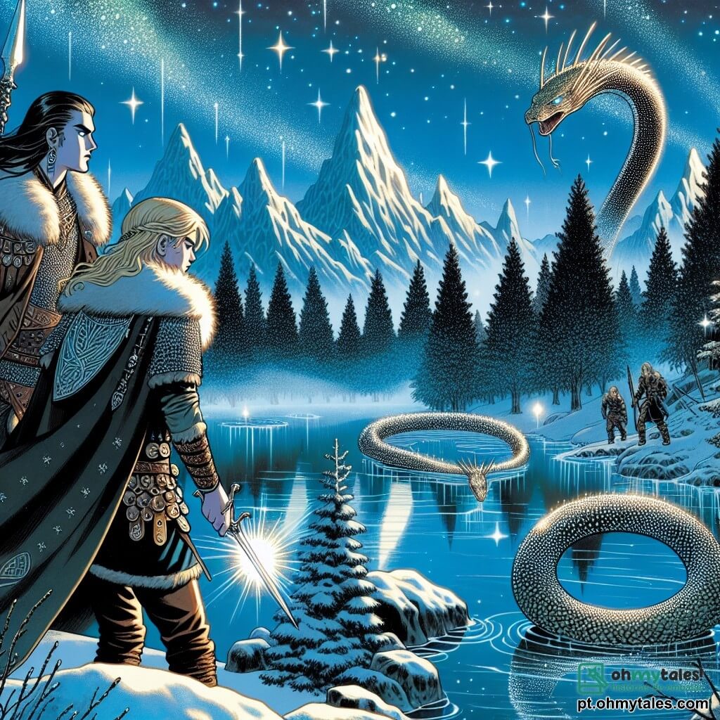 Brynhild, uma jovem com longos cabelos negros como ébano, está orgulhosamente à beira de um lago congelado, seu rosto expressando uma determinação brilhante. Ela usa uma armadura de couro adornada com runas prateadas e um manto de pele, enquanto empunha uma adaga cintilante, pronta para enfrentar o perigo. Ao seu lado, Erik, seu irmão de 16 anos, com cabelos loiros e olhos cheios de coragem, observa atentamente a superfície do lago, uma lança na mão, pronto para defender sua irmã. Freydis, sua melhor amiga de 15 anos, com cabelos ruivos e um arco de madeira esculpido nas mãos, está um pouco atrás, examinando os arredores com uma expressão concentrada. O cenário é uma paisagem nórdica encantadora, com montanhas de gelo brilhantes sob um céu estrelado e árvores cobertas de neve que parecem dançar ao vento. A cena é mágica, com uma leve névoa subindo do lago, adicionando uma atmosfera misteriosa. A situação principal mostra Brynhild, pronta para enfrentar a serpente Jörmungandr, que emerge das profundezas do lago, suas escamas brilhantes e olhos penetrantes fixos na jovem heroína.