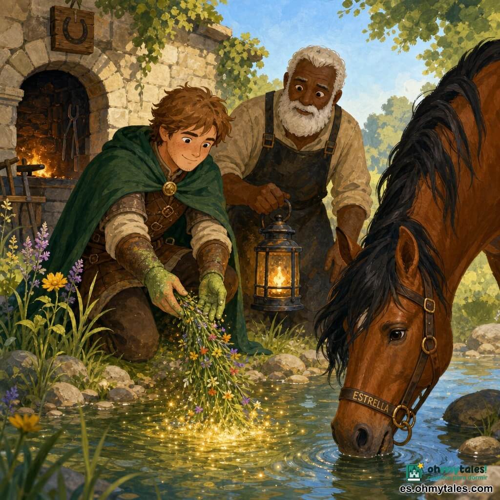 Un joven caballero de unos treinta años con cotas de cuero marrón y capa verde, pelo castaño claro alborotado y rostro redondo y decidido, vierte hierbas de colores en el agua sonriendo, manos manchadas de polvo verde; junto a él, un herrero anciano de unos 60 años con barba blanca y delantal ennegrecido sostiene una linterna de hierro mirando el agua con esperanza; en primer plano a la derecha, un caballo alazán llamado Estrella de pelaje brillante y crin ondeante bebe el agua que empieza a brillar con una luz dorada; escenario: orilla rocosa junto a una vieja fragua de piedra, árboles y hierbas silvestres bajo un cielo azul pálido; el arroyo claro emite chispas doradas donde caen las plantas, momento mágico que devuelve vigor a los caballos, ambiente cálido, colores vivos y estilo gouache de trazos suaves y formas redondeadas.