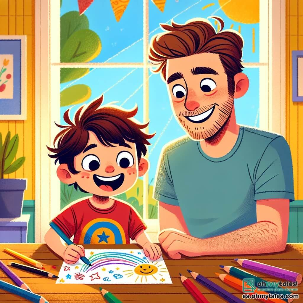 Un niño de 4 años, Lucas, con cabello castaño desordenado y una gran sonrisa, está sentado en una mesa de madera. Lleva una camiseta roja con un dibujo de superhéroe y un pantalón corto azul. Lucas está dibujando una tarjeta colorida para el Día del Padre, concentrado y feliz, con estrellas y dibujos divertidos en la hoja. A su lado, su papá, un hombre de unos 30 años con cabello castaño y una ligera barba, sonríe al mirar la tarjeta. Lleva una camiseta azul clara y jeans. Está de pie, con los brazos cruzados, admirando con orgullo el trabajo de su hijo. La escena tiene lugar en una cocina luminosa, con paredes amarillas y ventanas abiertas que dejan entrar la luz del sol. En la mesa hay lápices de colores esparcidos y un jarrón con flores frescas. Lucas, con una expresión de emoción en el rostro, muestra orgullosamente su tarjeta a su papá, quien ríe de buen corazón, creando un momento cálido y alegre entre ellos.