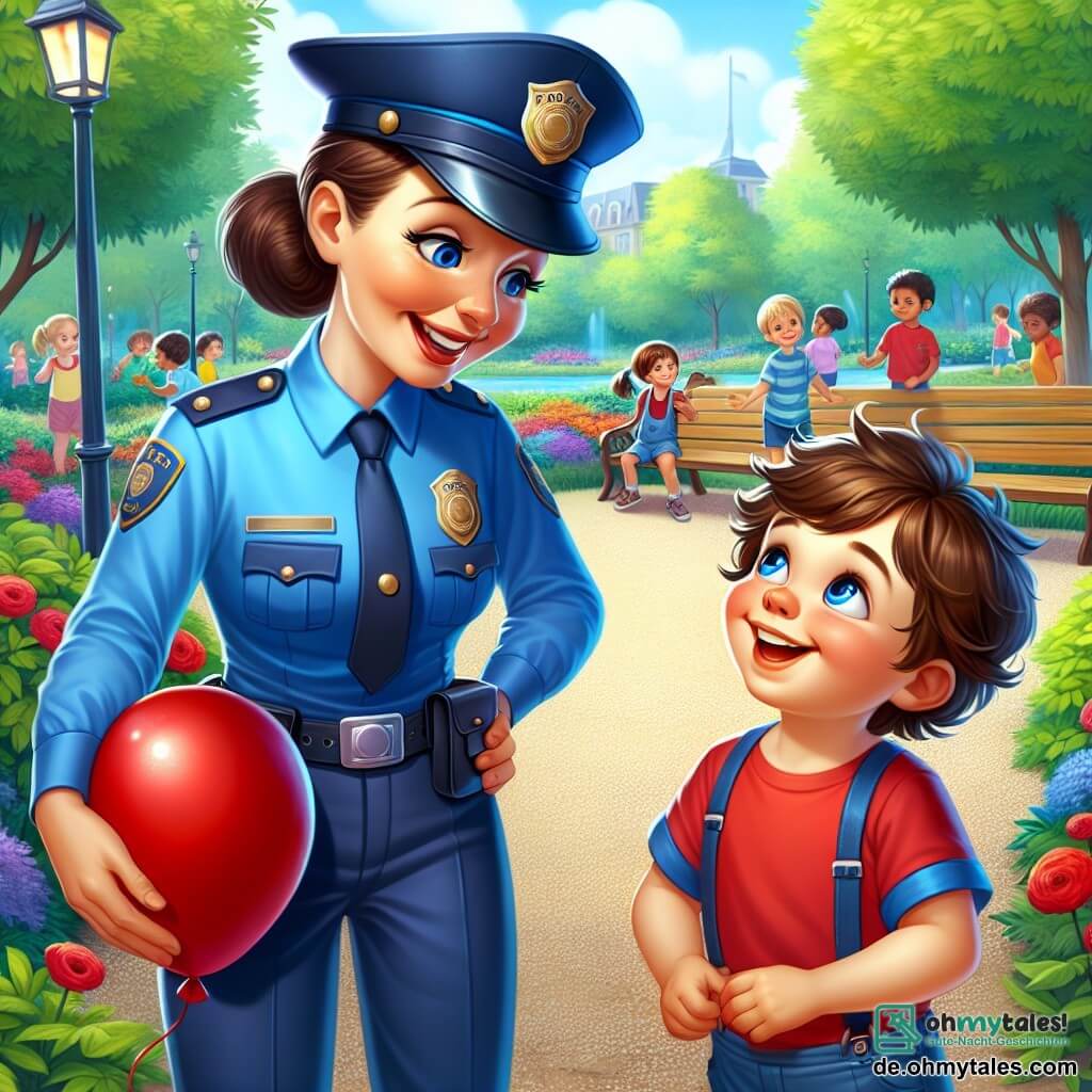 Eine lächelnde Polizistin, Frau Schmidt, steht im Mittelpunkt des Bildes. Sie trägt eine glänzende blaue Uniform mit einem kleinen Hut und einem Gürtel. Ihr Gesicht ist freundlich, mit strahlenden Augen, und sie spricht mit einem kleinen Jungen. Der etwa 6-jährige Junge hat zerzauste braune Haare und trägt ein rotes T-Shirt mit einer blauen Shorts. Er hält einen roten Ballon in den Händen und lächelt breit, während er die Polizistin bewundernd ansieht. Die Szene spielt sich in einem grünen Park ab, der mit majestätischen Bäumen und bunten Blumen gefüllt ist. Man sieht Holzbänke und Kinder, die in der Ferne spielen, was eine fröhliche und lebhafte Atmosphäre schafft. Frau Schmidt erklärt dem kleinen Jungen die Bedeutung von Sicherheit und Regeln, während sie sich in der Nähe eines Kiesweges befinden, umgeben von Lachen und Spielen.