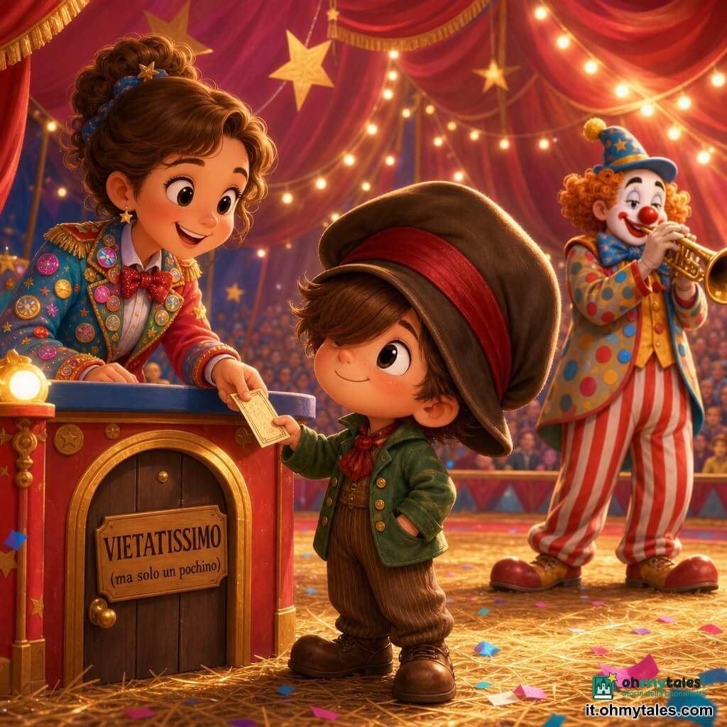 Bambino di 6 anni, capelli castani corti, cappello troppo grande che gli scende sugli occhi, espressione curiosa e un po' maliziosa, tiene un biglietto che ride e guarda una porticina con scritto VIETATISSIMO (ma solo un pochino). Dietro a sinistra una donna alla cassa, dall'aspetto giovane, giacca colorata coperta di bottoni lucenti, sorride porgendo il biglietto. Sullo sfondo a destra, un clown adulto uomo con trucco bianco, naso rosso tondo e costume a pois e righe suona una trombetta sulla pista. Interno di una grande tenda da circo rosso vivo e oro con stelle dorate dipinte, tende in velluto, pavimento di paglia e coriandoli rosa e blu sparsi. Il bambino esita tra guardare la pista luminosa e aprire la porticina proibita; atmosfera magica, colori saturi, luci calde, texture morbide e lucenti.