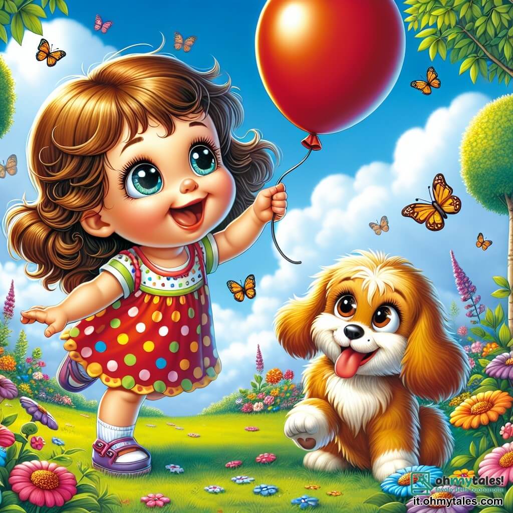 Una bambina di un anno, con grandi occhi brillanti e capelli ricci castani, sorride gioiosamente alzando le braccia verso un palloncino rosso che fluttua nel cielo. Indossa un vestito colorato a pois e piccole sandali, e il suo viso esprime grande eccitazione e curiosità. Accanto a lei, un adorabile cagnolino di nome Leo, di 3 anni, con pelo dorato e orecchie pendenti, abbaia felicemente guardando il palloncino. È seduto sull'erba verde, con le zampe anteriori sollevate, pronto a saltare. Il luogo è un giardino soleggiato, pieno di fiori multicolori, grandi alberi con foglie verdi e un cielo blu splendente. Farfalle volano intorno, aggiungendo un tocco di magia all'ambiente. La scena principale mostra Mia e Leo in piena avventura, cercando di afferrare il palloncino rosso che si alza nell'aria, mentre sono insieme, pronti a saltare per raggiungerlo.