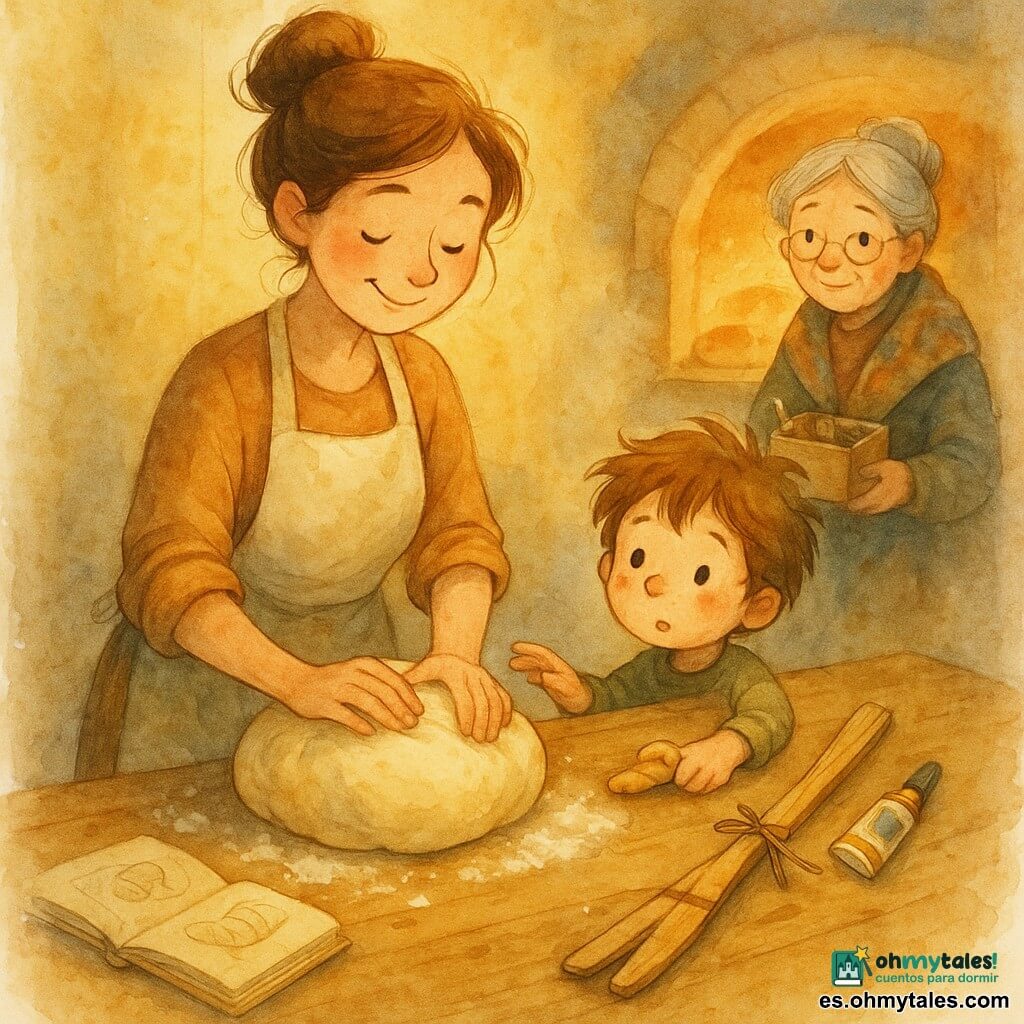 Una panadera sonriente con el cabello recogido en moño y delantal claro con harina amasa una gran bola de masa mientras un niño de unos 5 años, con el rostro algo enharinado, de pie en un taburete a la izquierda, intenta tocarla; la abuela, con cabello cano y pañuelo colorido, sostiene una caja de herramientas y observa desde el fondo junto al horno abierto con panes dorados y luz cálida; sobre la mesa de madera gastada hay harina espolvoreada, una espátula de madera rajada sujeta con cuerda y pinzas y un tubo pequeño de cola para madera; ambiente de mañana, tonos cálidos y pequeñas salpicaduras de acuarela que sugieren movimiento; escena de compartir: la panadera repara la espátula mientras el niño forma un pequeño pan torcido y la abuela asiste con calma.