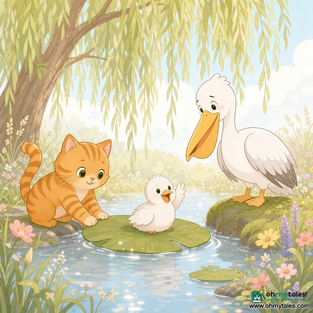 A warm orange tabby named Marmalade sits on its haunches, gently pushing a large water-lily leaf toward the bank; nearby on the right a grateful white pelican named Percy watches, while a joyful fluffy white pelican chick named Pip waves its wing from the floating leaf, set in a bright riverside clearing with emerald mossy stones, pastel wildflowers and a drooping willow, a tender calm rescue scene with soft light, affectionate expressions and a simple kawaii-inspired composition.