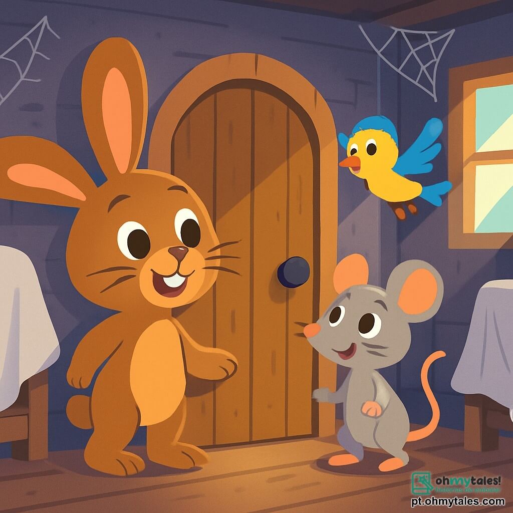 Em uma casa velha e misteriosa, um coelhinho chamado Beto, com grandes orelhas e pelagem macia e marrom, observa com olhos brilhantes de curiosidade. Ele está em pé diante de uma porta de madeira, com um sorriso entusiasmado no rosto. Ao seu lado, sua namorada, a ratinha Lila, com pelagem cinza e olhos cintilantes, se posiciona sobre as patas traseiras, pronta para explorar, exibindo uma expressão de excitação. Um pequeno passarinho, Tom, com penas amarelas e azuis vibrantes, voa alegremente ao redor deles, suas asas batendo animadamente. A sala está cheia de poeira, com teias de aranha nos cantos, móveis antigos cobertos com lençóis brancos e raios de luz filtrando através das janelas empoçadas. Os três amigos se preparam para entrar na sala misteriosa, ansiosos para descobrir o segredo que lá se esconde.