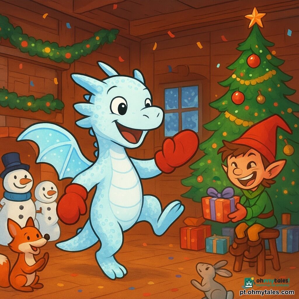 Um pequeno dragão das neves branco-azulado com escamas brilhantes e asas translúcidas, sorriso caloroso e olhos curiosos, veste grandes luvas de pelúcia vermelhas e dança no centro; um Lutin Brincalhão, pequeno com gorro vermelho pontudo e olhar malicioso, sentado num banquinho junto ao pinheiro oferecendo um presente; ao fundo bonecos de neve amigáveis, uma raposa ruiva e uma lebre cinza ao redor da lareira. Cena numa grande sala da Casa do Carvalho: paredes de madeira escura, vigas aparentes, lareira acesa, guirlandas e luzes quentes, grande pinheiro decorado e janela congelada mostrando a floresta nevada. Festa de Natal alegre, dança, presentes coloridos, confetes leves, atmosfera mágica e acolhedora, estilo suave e expressivo com contornos nítidos.