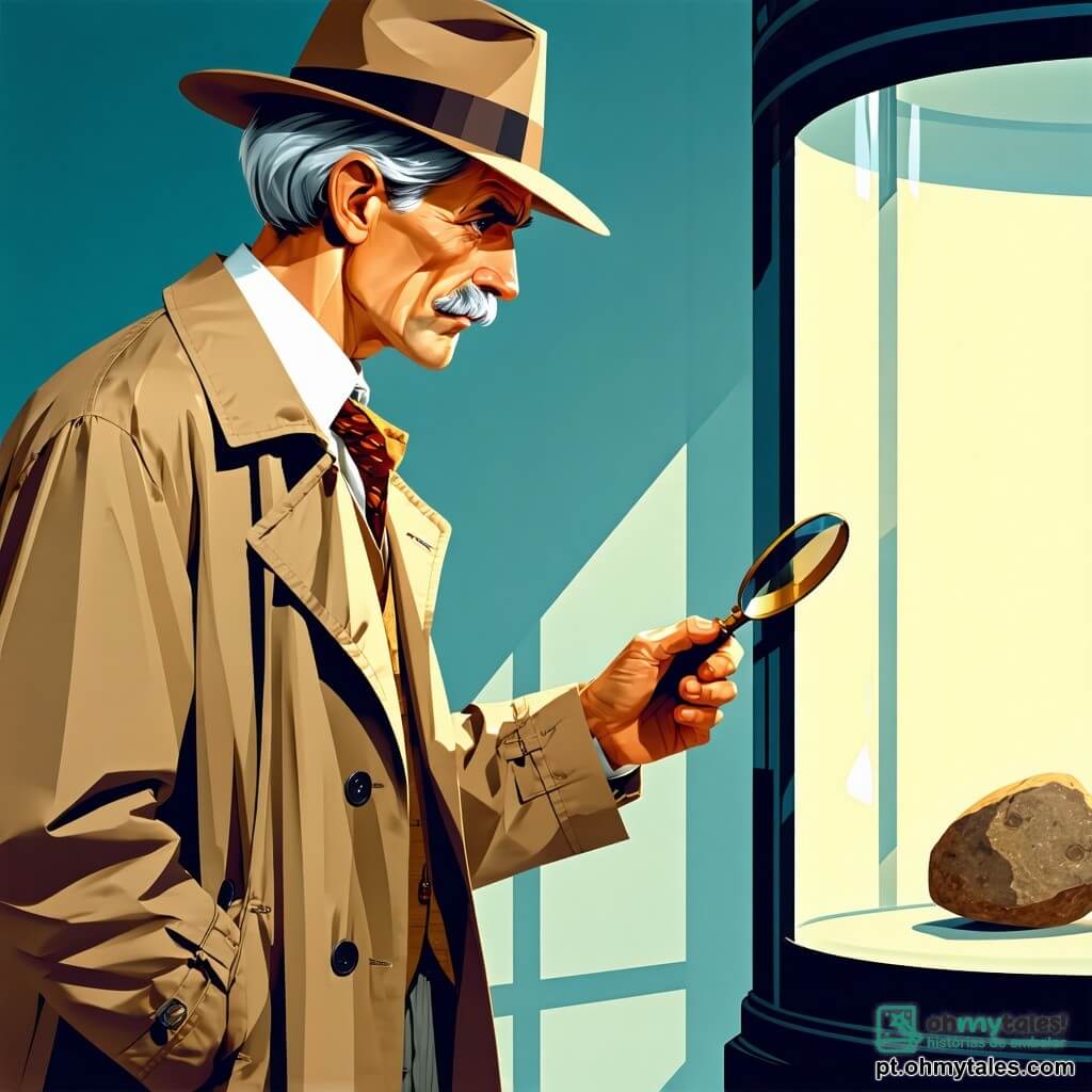 O personagem principal, o detetive Joaquim, é um homem de cerca de cinquenta anos, com cabelos grisalhos e um bigode bem cuidado. Ele usa um trench coat bege e um chapéu de detetive, exibindo uma expressão de concentração e curiosidade enquanto examina uma vitrine vazia com sua lupa. Ao seu lado, Miguel, um jovem de 20 anos, tem cabelos castanhos e usa um uniforme de recepcionista. Ele observa Joaquim com admiração, segurando um caderno de notas na mão. O local da cena é o luxuoso salão de festas do Hotel Lumière, com lustres brilhantes, mesas elegantemente decoradas e paredes adornadas com dourados. A situação principal mostra Joaquim examinando a vitrine vazia onde a joalheria preciosa estava exposta, enquanto Miguel o observa, ansioso para descobrir o mistério do roubo da joalheria.