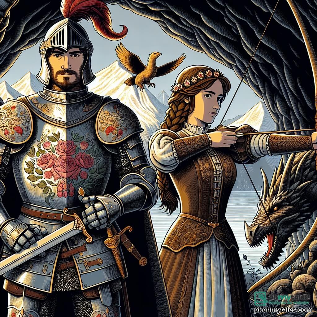 Sir Eduardo, um cavaleiro corajoso de cerca de 30 anos, é retratado com uma armadura brilhante adornada com padrões florais, um capacete com uma pena vermelha no topo e um rosto determinado, exibindo uma expressão de bravura. Ele segura firmemente sua espada, pronto para defender seu reino. Ao seu lado está Lady Clara, uma jovem arqueira de 25 anos, com longos cabelos castanhos trançados e um olhar astuto. Ela está prestes a disparar uma flecha para o céu, seu arco delicado em madeira esculpida à mão, mostrando sua determinação em ajudar seu amigo. A cena acontece na entrada de uma caverna escura e misteriosa, cercada por montanhas majestosas, onde a luz do sol penetra através das nuvens, iluminando as rochas e criando uma atmosfera inquietante e mágica. A situação principal mostra Sir Eduardo e Lady Clara, frente a um dragão colossal, cujas escamas brilham como gemas sob a luz, rugindo com potência. Os dois heróis estão prontos para defender seu reino, unidos por sua coragem e amizade, em um momento de tensão antes da batalha decisiva.