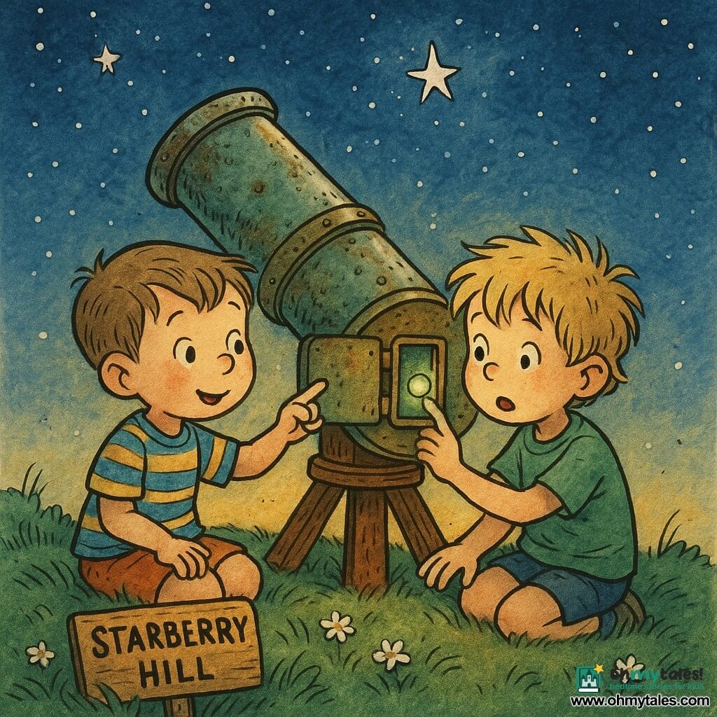 Two boys of about five sit on Starberry Hill’s soft, tufted grass with small white flowers beside an old patinated metal telescope on a wooden base: Milo, with short brown hair and a round face, sits left in a blue-and-yellow striped T‑shirt, pointing at the telescope’s small open side panel; Jasper, with tousled blond hair in a green T‑shirt, sits right holding Milo’s hand and gazing in wonder at a small, warm, pulsing green button revealed inside; the deep evening sky is dark blue with silver stars, one star blinks in a pattern (blink… pause… blink) as if answering the button, the air smells sweet like warm cookies, and the scene glows with a soft, friendly light.