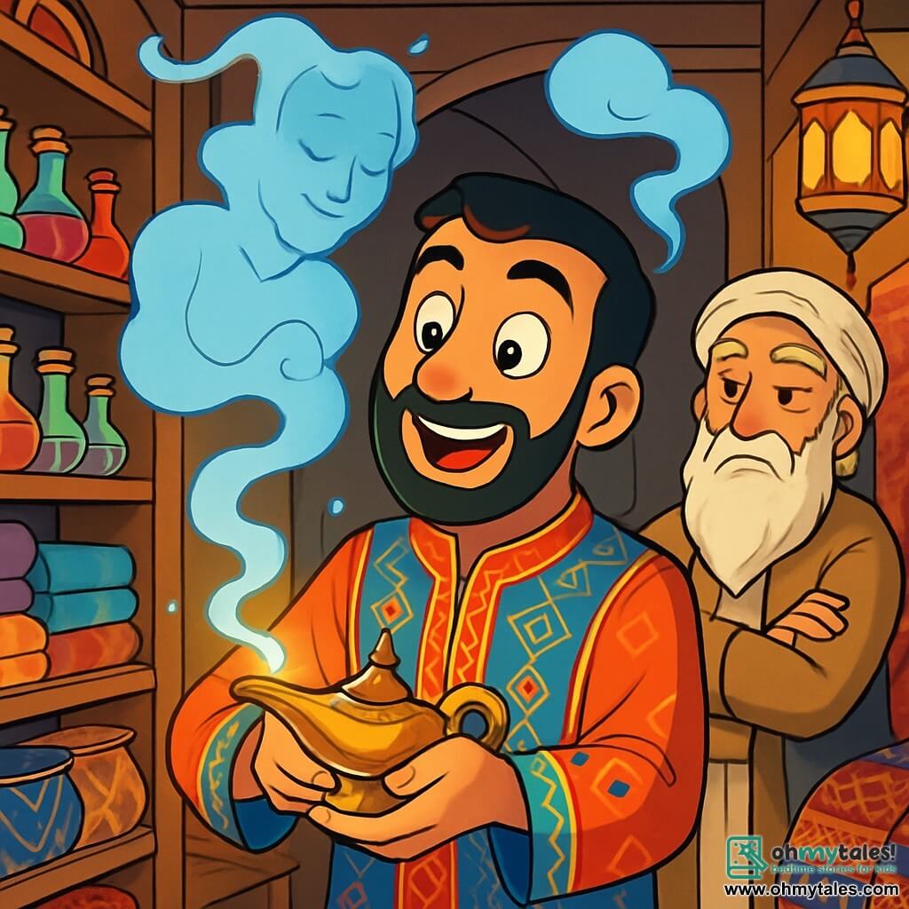 A middle-aged man named Omar stands in the center of his small shop, his face glowing with curiosity and kindness. He has a neatly trimmed beard, wise sparkling eyes, and wears a colorful tunic adorned with Arab patterns. He rubs an old metal lamp, a look of wonder on his lips. Next to him is an old sage, the man who gifted him the lamp. Around 70 years old, he has a long white beard and deep wrinkles that tell stories of travels. He watches Omar with an approving gaze, arms crossed in a corner of the shop. The store is filled with treasures: wooden shelves laden with colorful potions, shimmering fabrics, and intricately patterned carpets. The soft light from the lanterns creates a warm and magical atmosphere, illuminating the sparkling objects. The main scene shows Omar rubbing the lamp, a wisp of smoke rising and taking the shape of a genie, ready to grant his wishes. The air is filled with excitement and mystery, while the vibrant colors and enchanting details immerse the viewer in a world of tales from the Arabian Nights.