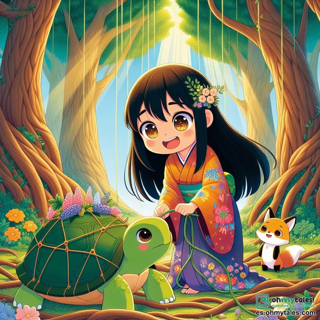 En el centro de la imagen, Yuki, una joven japonesa de unos 12 años, con largos cabellos negros brillantes y ojos llenos de curiosidad, sonríe con entusiasmo. Lleva un kimono colorido adornado con motivos florales y está liberando a una gran tortuga, Taro, que está atrapada en una red de lianas. Taro, una tortuga sabia con un caparazón verde y ojos dulces, mira a Yuki con gratitud, situada justo a sus pies. Al lado de ellos, Kitsu, un pequeño zorro dorado, observa la escena con un aire orgulloso, su cola ondeando alegremente. El entorno es un hermoso bosque encantado, con árboles majestuosos, flores coloridas que bailan con la brisa suave y rayos de sol que se filtran a través del follaje, creando una atmósfera mágica. La escena principal muestra a Yuki, llena de determinación, deshaciendo las lianas que retienen a Taro, simbolizando el coraje y la bondad, mientras Kitsu anima a Yuki con una mirada admirativa, listo para ayudarla en esta aventura.