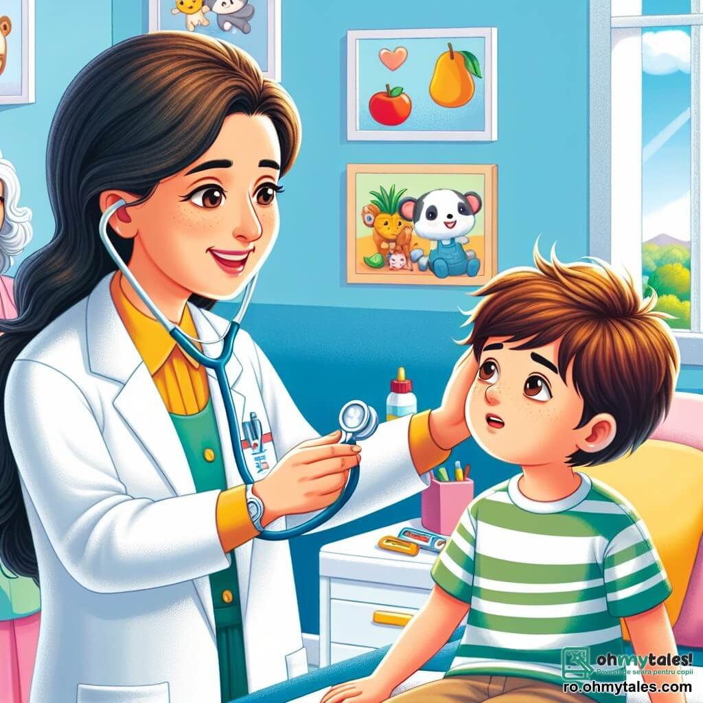 O femeie doctor, pe nume Ana, este în centrul imaginii, purtând un halat alb strălucitor și un stetoscop în jurul gâtului. Are un zâmbet cald și ochi strălucitori, arătându-și determinarea de a ajuta pe alții. Ana îi ia temperatura unui băiețel de aproximativ 6 ani, cu părul brun și un chip îngrijorat, așezat pe o masă de examinare. Lângă ei, o mamă de aproximativ 30 de ani, cu părul lung și creț, privește cu o expresie de ușurare și speranță. Ea îi ține mâna fiului său, oferindu-i confort. Scena se desfășoară într-un cabinet medical luminos și primitor, cu afișe colorate pe pereți care reprezintă animale și fructe, și jucării împrăștiate pe o etajeră. O fereastră lasă să pătrundă lumina soarelui, creând o atmosferă caldă. Situația principală o arată pe Ana liniștind băiețelul, vorbindu-i blând în timp ce are grijă de el, ilustrând importanța compasiunii și empatiei în meseria de medic.