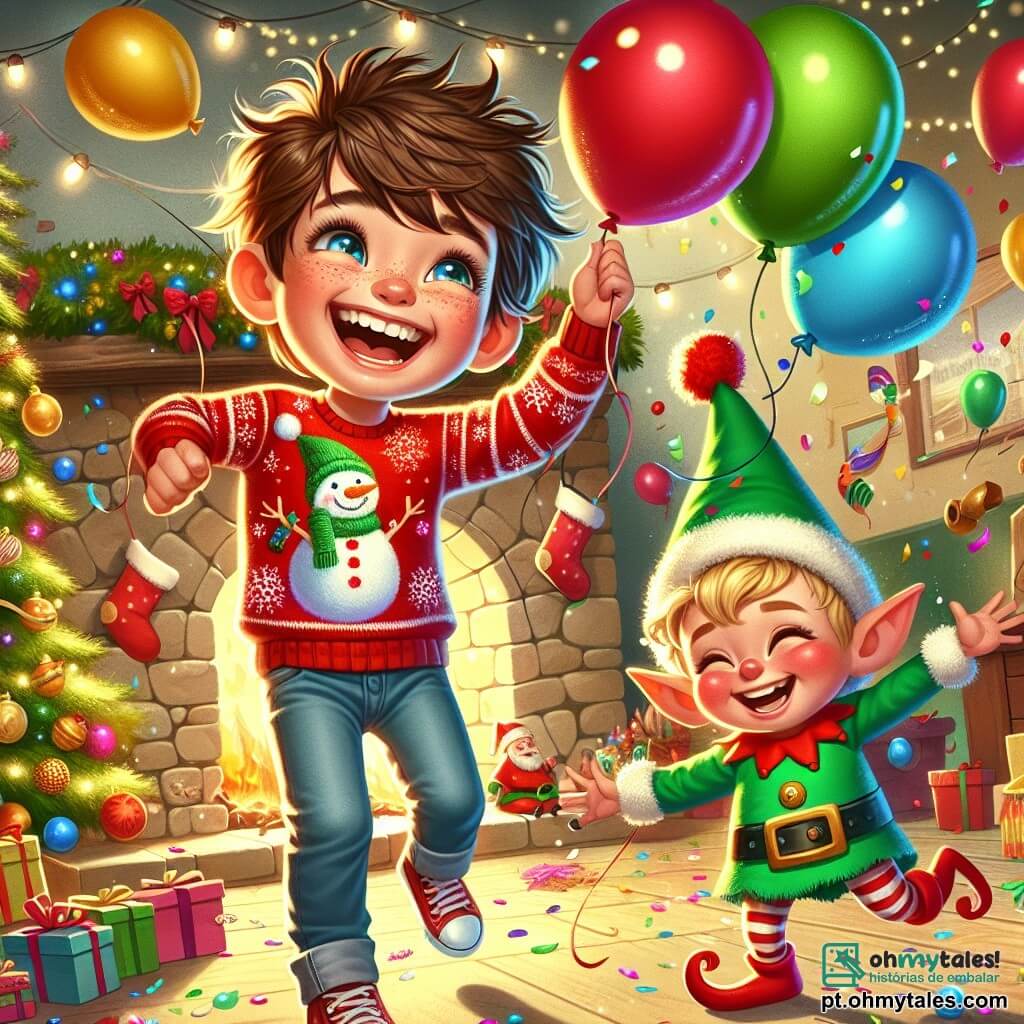 Um menino de 6 anos, Lucas, com cabelos castanhos bagunçados e olhos brilhantes de alegria, ri alto enquanto corre atrás de balões coloridos que flutuam no ar. Ele veste um suéter vermelho com um boneco de neve e uma calça jeans. Ao seu lado, um duende travesso, pequeno e brincalhão, com uma barba branca e um grande sorriso, usa um traje verde vibrante adornado com sinos que tilintam a cada movimento. O duende faz piruetas enquanto lança confetes brilhantes ao seu redor. A cena ocorre em uma sala aconchegante decorada para o Natal, com uma grande lareira de pedra, luzes cintilantes e uma árvore de Natal cheia de bolas coloridas e guirlandas douradas. Meias de Natal estão penduradas acima da lareira, e um doce aroma de biscoitos paira no ar. Lucas e o duende se divertem juntos, cercados por balões flutuantes e risadas, enquanto o duende transforma objetos de Natal em fantoches dançantes, criando uma atmosfera mágica e alegre.