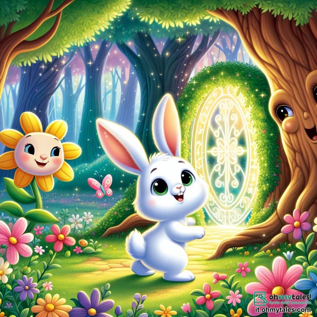 Un piccolo coniglio di nome Beppe, con pelliccia bianca e grandi orecchie, mostra un'espressione di curiosità ed eccitazione mentre si trova davanti a un portale magico luminoso, circondato da fiori colorati. Accanto a lui, un albero sorridente con un volto amichevole, dalle foglie verdi brillanti, osserva Beppe con benevolenza, mentre un piccolo fiore danzante, con petali rosa e gialli, lo incoraggia con un sorriso gioioso. Il luogo è un magnifico boschetto incantato, pieno di fiori multicolori, alberi maestosi dai tronchi nodosi, e una luce soffusa che filtra tra le foglie, creando un'atmosfera magica. La scena principale mostra Beppe, il coniglio, pronto a saltare attraverso il portale luminoso, con uno sguardo determinato, pronto a vivere una grande avventura in un mondo fantastico.