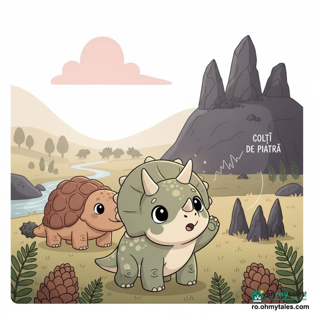 Un triceratops tânăr numit Corno, față rotundă și ochi strălucitori, expresie curioasă și uimită, coarne netede și corn central ușor mai luminos cu o scânteie aurie, piele textură moale în pasteluri (salvie și crem), cap înclinat și o labă ridicată; în spate, stânga, un ankilozaur cu contururi rotunjite și carapace cărămizie, privire blândă, coadă în formă de maciucă sprijinită pe sol; în depărtare siluete difuze de dinozauri și o mică haită lângă un drum. Decor: o vale deschisă cu ferigi înalte, pini sculptați, o colină de bazalt în dreptul denumită „Colții de Piatră” — trei stânci ascuțite, un pârâu argintiu șerpuind la stânga și un cer de dimineață palid cu un nor mare roz. Scena: Corno în prim-plan, privind cele trei poteci spre pădure, râu sau stânci; o notă muzicală subțire se ridică dinspre Colții de Piatră; atmosferă luminoasă, blândă și misterioasă, paletă pastel, compoziție curată, contururi clare și detalii reduse pentru un stil kawaii minimal.