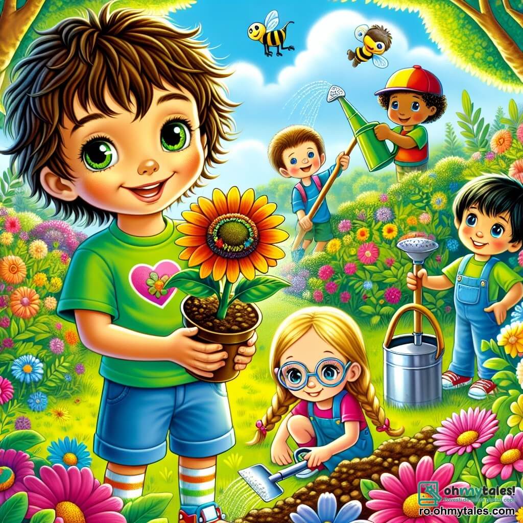 Un băiat de 6 ani, pe nume Alex, cu părul castaniu și ochii strălucind de curiozitate, stă în centrul imaginii, zâmbind larg în timp ce plantează o floare colorată în pământ. Poartă un tricou verde aprins și o pereche de pantaloni scurți albaștri, iar expresia lui este plină de bucurie și entuziasm. Lângă el, cea mai bună prietenă Maria, o fetiță de 6 ani cu părul lung blond împletit și ochelari rotunzi, ține o mică lopată și îl privește pe Alex cu admirație, pregătită să-l ajute. Mai departe, David, un băiat de 6 ani cu părul negru și o șapcă roșie, udă florile cu o mică udătură, în timp ce Andrei, un alt băiat de 6 ani cu părul castaniu, se apleacă pentru a admira o albină care polenizează una dintre flori. Scena are loc într-un parc însorit, plin de verdeață strălucitoare, flori colorate și copaci măreți. Cerul este de un albastru strălucitor, presărat cu câteva nori albi pufoși, iar păsările zboară vesel deasupra. Situația principală arată cum Alex și prietenii săi plantează flori pentru a ajuta natura, înconjurați de râsete și bună dispoziție, ilustrând importanța îngrijirii mediului și conștientizării altora cu privire la protecția planetei.