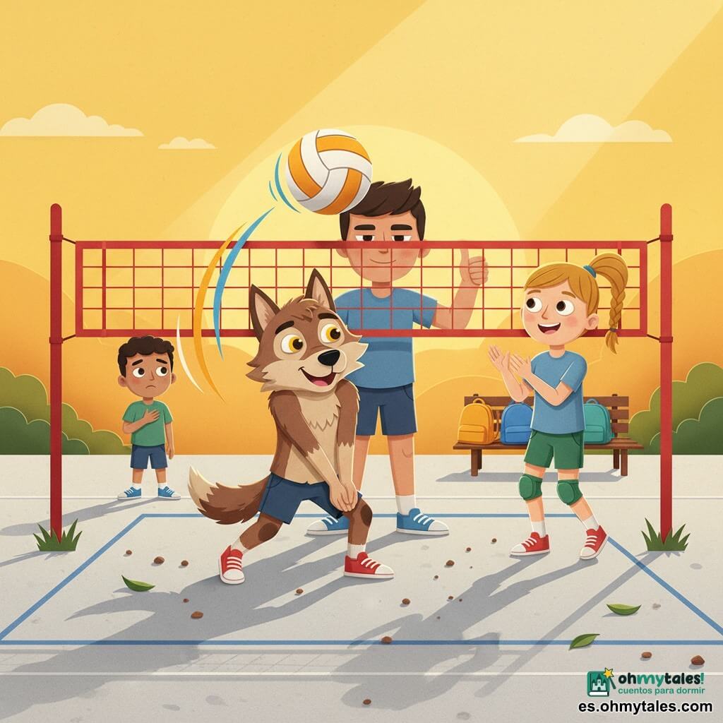 Lobo, un pequeño lobo antropomorfo de 11 años con rostro peludo y orejas puntiagudas, expresión aliviada y radiante, ojos brillantes, en movimiento (rodillas flexionadas, brazos juntos) haciendo antebrazo mientras un balón de voleibol blanco y naranja pasa por encima de la red; Mara, niña humana de piel clara y trenza alta, rodilleras verdes y sonrisa alentadora, a la derecha de la red aplaudiendo; Bruno, chico alto y robusto, rostro serio pero orgulloso, pulgar arriba detrás de Lobo mostrando apoyo; Teo, chico nuevo, pequeño y tímido de piel oliva, al fondo junto a un banco con mano en el pecho y mirada agradecida. Patio escolar al atardecer con suelo de cemento y líneas de juego, red en postes rojos, banco y mochilas, luz cálida de hora dorada, pequeñas manchas de tierra y hojas. Escena centrada en el momento en que la pelota cruza la red, actitud dinámica y positiva, movimientos sugeridos por tiras de papel recortadas en curvas, colores vivos contrastados (amarillo cálido, azul cielo, rojo), texturas de papel visibles y sombras suaves para dar profundidad.
