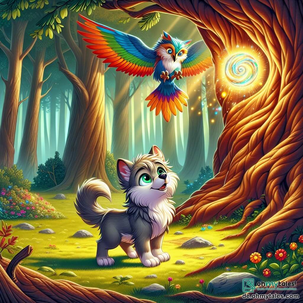 Ein kleiner Wolf namens Finn, mit leuchtenden Augen und seidig grauem Fell, steht am Fuß einer majestätischen alten Eiche, sein Ausdruck ist neugierig und entschlossen. Er schaut fasziniert auf eine kleine leuchtende Kugel, das Herz des Waldes, die in seinen Pfoten strahlt. In der Nähe schwebt ein wunderschöner Vogel mit bunten Federn, Aurel, der Zaubervogel, in der Luft, seine Augen funkeln vor Weisheit und Ermutigung, während er Finn wohlwollend beobachtet. Die Szenerie ist eine verzauberte Lichtung, durchflutet von goldenem Licht, umgeben von hohen Bäumen mit knorrigen Stämmen und leuchtend grünen Blättern, während bunte Blumen den Boden schmücken. Die Hauptsituation zeigt Finn, der das Herz des Waldes entdeckt, eine strahlende Kugel, die lebendige Farben ausstrahlt, symbolisiert die Magie und Harmonie der Natur, während ein sanfter Wind die Blätter um sie herum tanzen lässt.