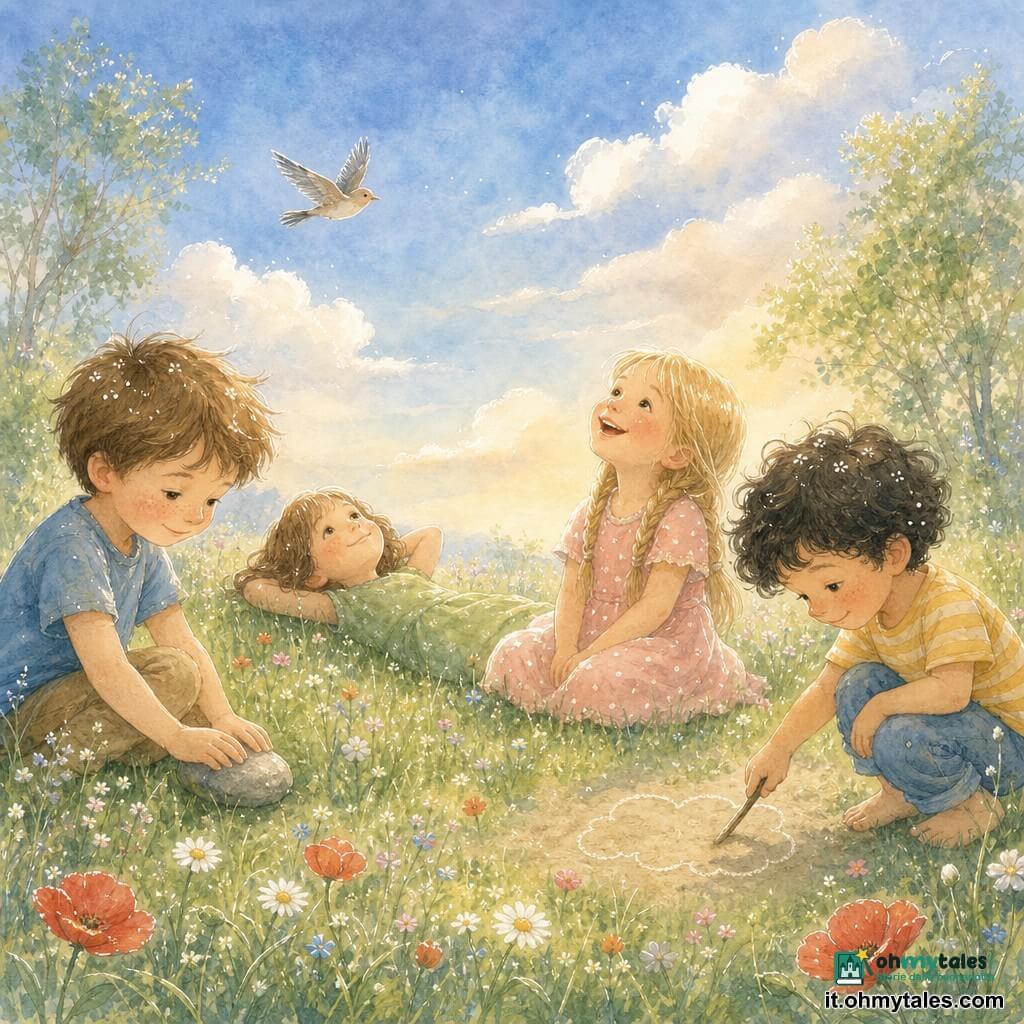 Ci sono quattro bambini: un ragazzo di 7 anni, Leo, capelli castani corti e scompigliati, volto rotondo con lentiggini, a sinistra mentre accarezza una piccola pietra liscia sull’erba; una bambina di 6 anni, Lila, capelli biondi lunghi in trecce, vestito rosa pallido a pois bianchi, al centro-destra che sorride guardando il cielo; un ragazzo di 5 anni, Tino, capelli neri ricci, nasino all’ingiù, accovacciato a destra che disegna una nuvoletta sul terreno con un bastoncino; una bambina di 6 anni, Sara, capelli castano chiaro a caschetto, vestito verde, sdraiata al centro-sinistra con le mani dietro la testa che osserva un uccello che vola sopra di loro. Luogo: un grande prato verde e morbido con erbe fini, fiori selvatici (margherite, papaveri), qualche pietra liscia e alberi sullo sfondo, cielo ampio e azzurro con nuvole soffici e luce calda di tardo pomeriggio. Situazione: i quattro sono sdraiati o seduti sull’erba a guardare il cielo e parlare piano, atmosfera calma con sorrisi e gesti semplici. Stile: palette acquerello tenue (azzurri, verdi, rosa e gialli caldi), texture di carta visibili e contorni delicati evidenziati con penna gel bianca per i riflessi su capelli, pietre e nuvole.