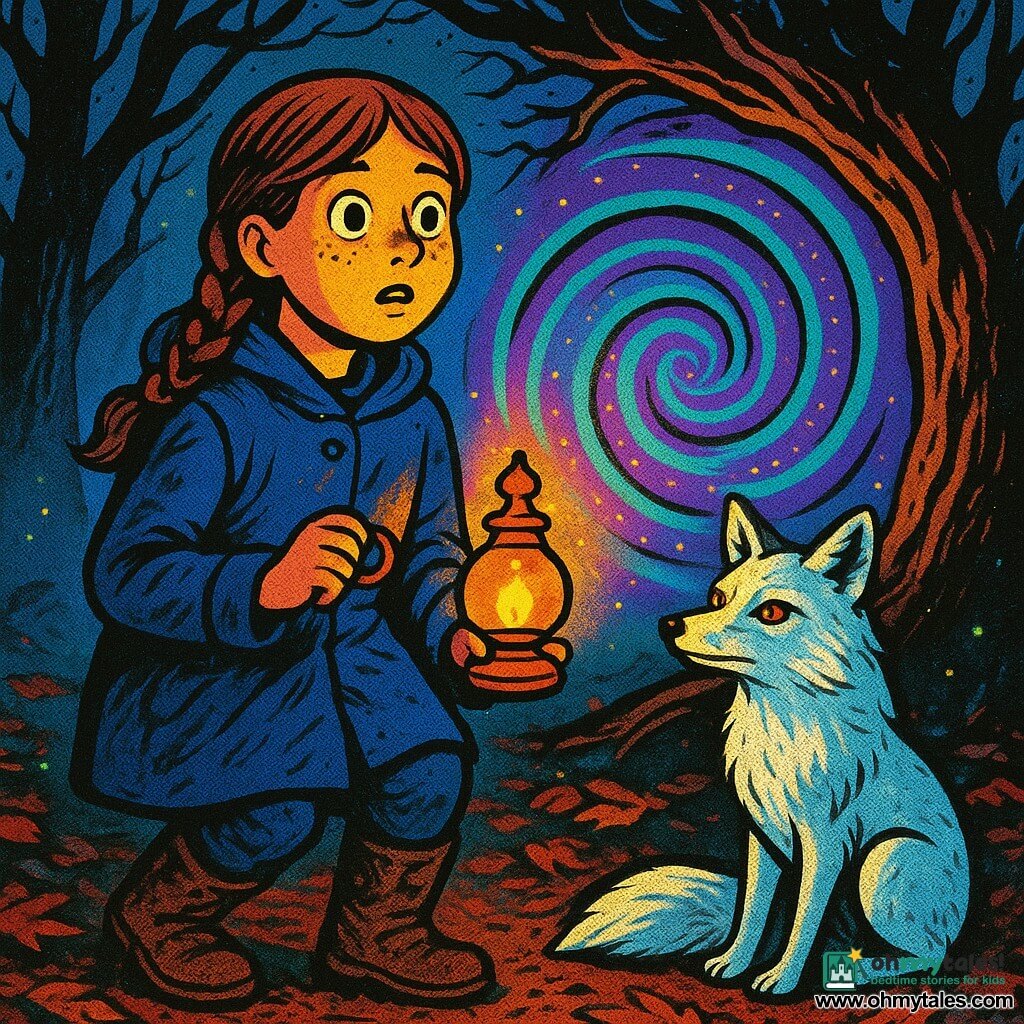 A 12-year-old girl with a round freckled face and chestnut braided hair, wide amazed eyes though her mouth is tight with fear, holds a small oil lamp casting yellow-copper light on her face; she wears a crumpled navy coat and muddy boots, standing before a swirling portal beneath the roots of an old oak. A white fox with amber eyes and silvery luminous fur stands protectively beside her, muzzle raised and bushy tail, appearing to whisper. The misty clearing has a rust-brown leaf-covered floor, gnarled branches and black bark, and small green fireflies around the iridescent portal. She is about to cross a vortex glittering in violet and turquoise spirals as mist swirls and long tree shadows form menacing shapes; the mood is mysterious, slightly frightening, with high contrast and saturated colors.