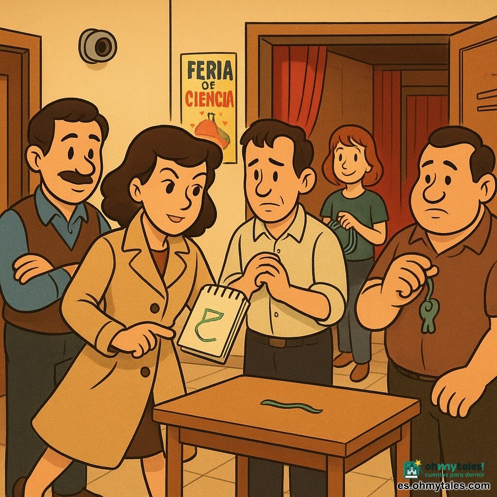 Una detective llamada Inés, unos 40 años, expresión decidida y suave, ojos penetrantes, abrigo beige suelto, cuaderno abierto mostrando un pequeño hilo verde sobre un papel, postura confiada y mirada hacia la mesa; Mateo, unos 40, rostro cansado pero aliviado, brazos cruzados a la izquierda de Inés mirando con gratitud; Óscar, director de unos 45, nervioso y avergonzado, manos temblorosas, semiformal detrás de la mesa con la mirada baja; Clara, unos 50, con bufanda verde, arrepentida, a la derecha de Inés tirando de la bufanda para mostrar el hilo suelto; Paula, monitora joven de unos 25, sonriendo tímidamente y sosteniendo cables junto al escenario en segundo plano; Sergio, conserje robusto de unos 50, manos callosas, sujetando un llavero con un pez azul cerca del armario abierto; lugar: interior de un centro cultural, pasillo estrecho con cámara mural cuadrada, armario empotrado con puerta rayada y gancho metálico, suelo de baldosa beige, cartel colorido "Feria de Ciencia" en la pared y cortinas rojas del salón de actos al fondo; situación: confrontación calma pero tensa, la detective muestra la prueba (un hilo verde y un trozo de cinta adhesiva) sobre la mesa, los personajes en semicírculo con expresiones de vergüenza, alivio y remordimiento, luz cálida de tarde, composición centrada en Inés y la pequeña prueba verde.