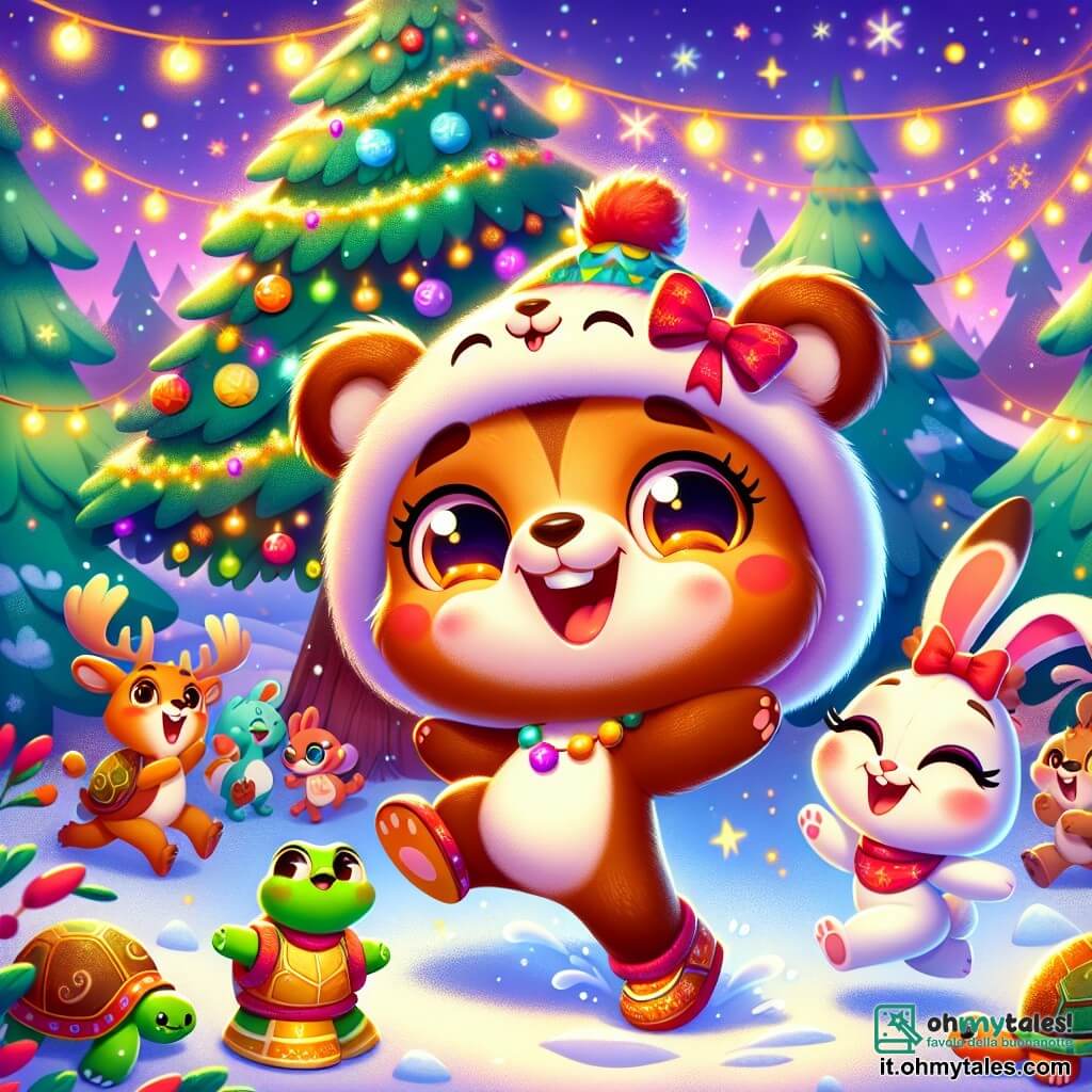 Un piccolo orso bruno, di nome Bruno, con un pelliccia morbida e occhi scintillanti di gioia, balla felicemente sotto un grande albero decorato con luci scintillanti e ghirlande colorate. Ha un grande sorriso sul volto e indossa un buffo cappello con orecchie giganti. Accanto a lui, una piccola coniglietta bianca, Lella, con grandi orecchie e un fiocco rosso sulla testa, salta di gioia, i suoi occhi brillano di eccitazione. Tiene un piccolo pezzo di carta con dei desideri scritti sopra e sorride ampiamente. Sullo sfondo, un gruppo di animali della foresta, come una tartaruga verde con un guscio lucente e un riccio arancione, si divertono a ballare e ridere insieme, creando un'atmosfera festosa e calorosa. La scena si svolge in una foresta innevata, con fiocchi di neve che cadono dolcemente e un cielo stellato che illumina il paesaggio. Gli animali sono riuniti attorno all'albero, celebrando gioiosamente il Capodanno con risate e passi di danza divertenti.