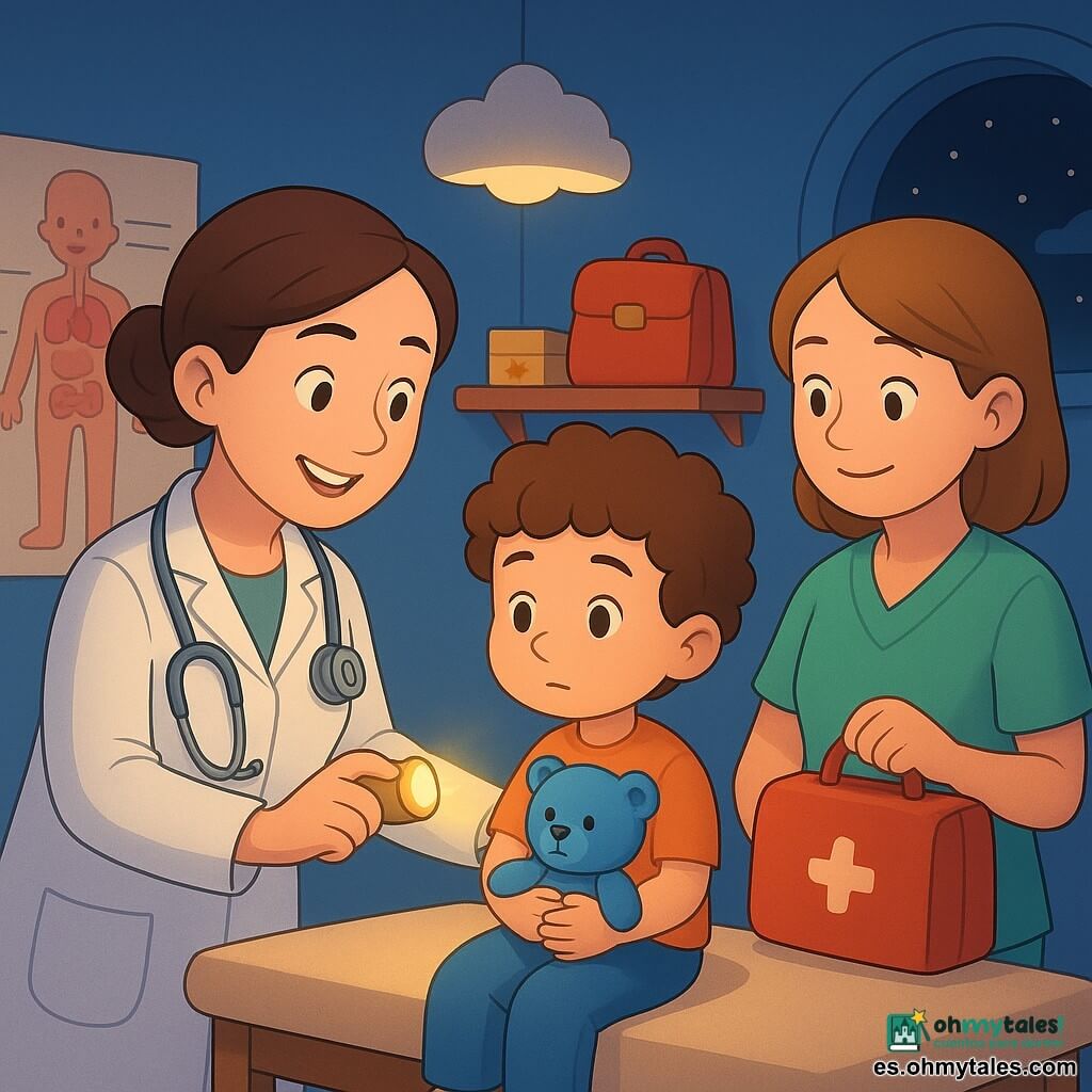 La doctora Luna, sonriente y amable, de unos 35 años, cabello castaño recogido en moño, bata blanca suave como una manta y estetoscopio metálico brillante en forma de caracol, sostiene una pequeña linterna que proyecta un haz dorado; un niño de 6 años, de cabello rizado, curioso pero algo tímido, sentado en la camilla de peluche abraza un osito azul y mira a la doctora; una enfermera de unos 28 años, piel clara y uniforme verde, sostiene un botiquín rojo grande y está lista para ayudar; en una estantería se ven una mochila roja, una caja de vacunas con etiqueta de sol amarillo y una carta con membrete escolar; la consulta es pequeña y cálida, paredes azul noche pastel, póster del cuerpo humano a colores, ventana redonda con cielo estrellado, lámpara colgante en forma de nube y texturas suaves y redondeadas; la doctora ilumina suavemente el pecho del niño como una pequeña estrella, habla con calma y lo tranquiliza en una atmósfera tierna y segura, colores cálidos y contrastes suaves.