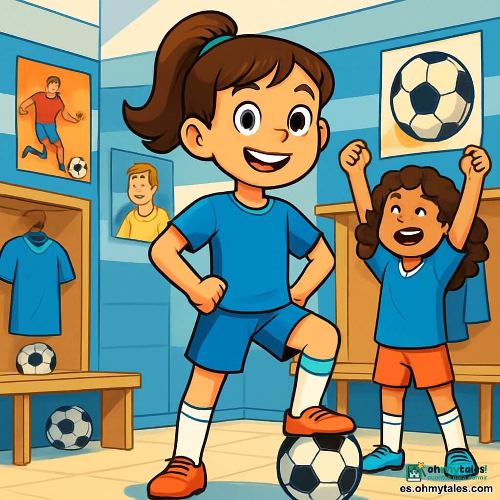 Una joven, Paula, está en el centro de la imagen, con una gran sonrisa decidida en su rostro. Lleva un uniforme de fútbol azul brillante, con calcetas blancas y zapatillas deportivas brillantes. Su cabello castaño está recogido en una coleta alta y sus ojos brillan de emoción. A su derecha, Lucía, su mejor amiga de unos 12 años, tiene el cabello rizado y lleva una camiseta del equipo. Ella hace gestos entusiastas, animando a Paula con los brazos levantados. Al fondo, el vestuario está lleno de carteles de futbolistas famosos y balones de fútbol. Las paredes están pintadas de azul y blanco, y hay taquillas de madera a los lados. La situación principal muestra a Paula preparándose para el partido decisivo, rodeada de sus compañeras, todas llenas de energía y entusiasmo, listas para entrar al campo.
