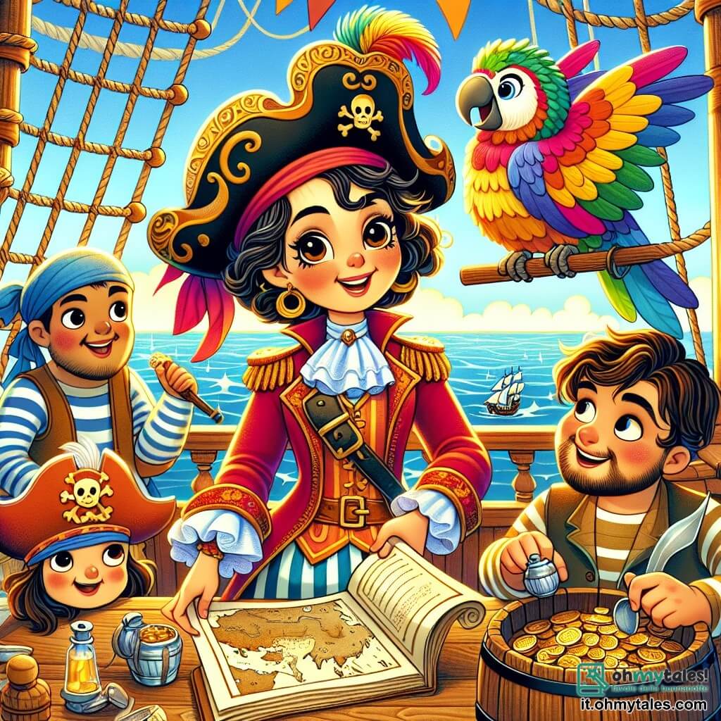 La Capitana Rosa, una donna di circa cinquant'anni, si erge orgogliosa sul ponte della sua vecchia nave, con un sorriso determinato e occhi brillanti di avventura. Indossa un cappello da pirata adornato con una grande piuma colorata e una giacca rossa, mentre una lunga sciarpa fluttua al vento. Accanto a lei, il pappagallo Ciuffo, un uccello dalle piume verdi e gialle, si posa sulla sua spalla, guardando intorno con curiosità. Più lontano, il marinaio Leo, un giovane di circa 25 anni, con capelli castani e una leggera barba, esamina una mappa del tesoro, concentrato su un tavolo di legno. La cuoca Mimi, una donna gioiosa di quarant'anni, con un grembiule a righe e un chignon, prepara biscotti sul ponte, aggiungendo un tocco di dolcezza all'avventura. La nave naviga su un mare turchese, con onde scintillanti sotto il sole e isole verdi all'orizzonte. In lontananza, un cielo azzurro chiaro è punteggiato di nuvole bianche e soffici. La scena principale mostra la Capitana Rosa, pronta a partire alla ricerca del tesoro rubato, circondata dai suoi amici, tutti impazienti di vivere una nuova avventura insieme.