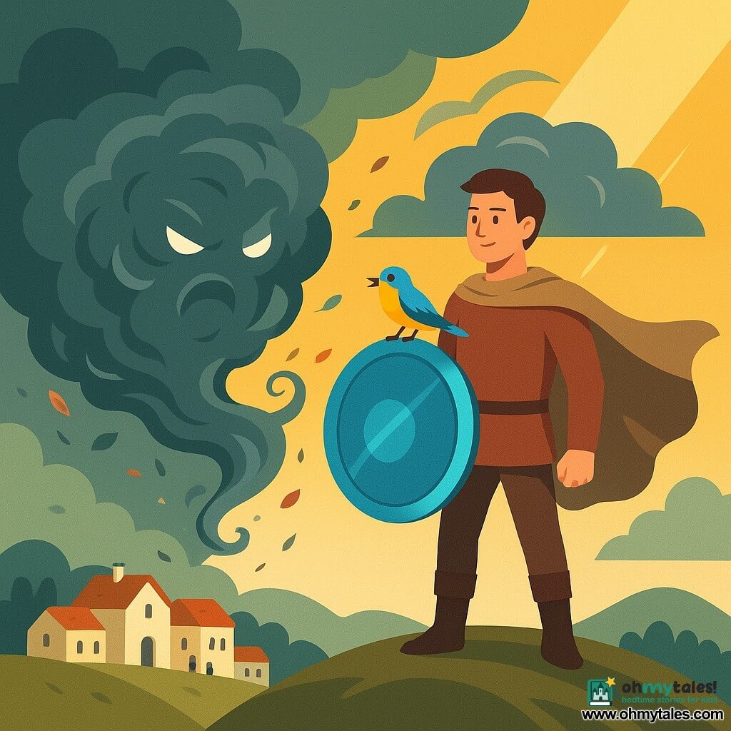 A man (about 30) with a gentle face, slight smile and steady gaze stands atop a hill with legs braced, wearing a beige cape and holding a large polished bronze shield glowing bluish; before him swirls a storm spirit—dark silver cloud with glowing rainlike eyes and whirling leaves and dust—while a small yellow-and-blue bird perches on the shield's rim as if singing; below the hill a village of white stone houses with red roofs and open doors shows tiny figures watching, and the sky contrasts gray-green storm clouds over the spirit with a golden ray of sunlight to the right, conveying calm courage and regained peace in bright saturated colors, clear outlines and simple shapes suitable for children.