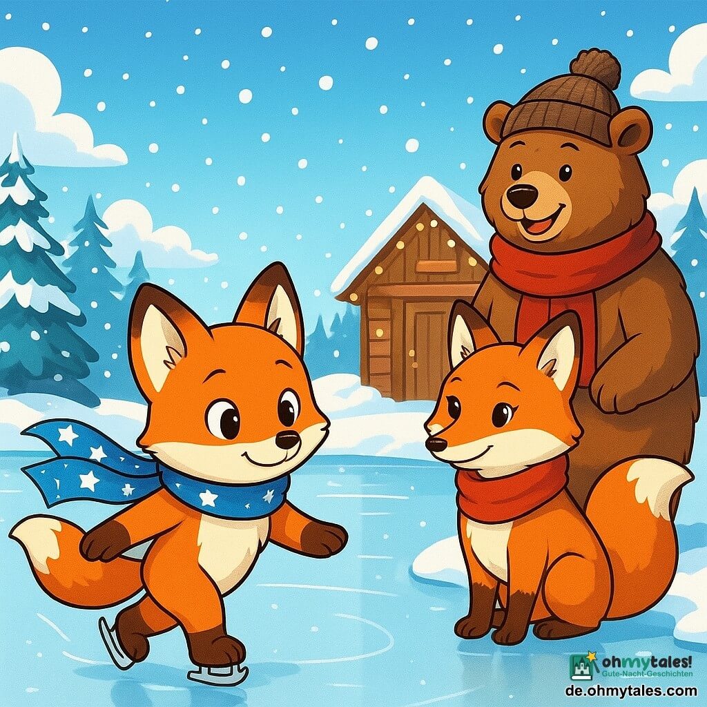 Ein junger, leuchtend orangefarbener Fuchs mit neugierigen Augen und einem schüchternen Lächeln steht auf einer Freiluft-Eislaufbahn, seine Pfoten gleiten sanft über das glatte Eis. Er trägt einen blauen Schal mit weißen Sternen, der leicht hinter ihm weht. In der Nähe beobachtet eine Mama-Füchsin mit weichem, seidig glänzendem Fell, einem wohlwollenden und stolzen Blick, ihr Kleines mit einem warmen Lächeln. Sie trägt einen roten Schal, der im Kontrast zum weißen Landschaftsbild steht. Hinter ihnen steht ein großer Braunbär mit dickem Fell und einem Wollhut nahe einer Holzhütte, die mit Lichtern dekoriert ist, und hält eine Tasse heißen Kakao. Sein Gesichtsausdruck ist fröhlich und einladend. Der Ort ist ein wunderschöner gefrorener See, umgeben von schneebedeckten Tannen, unter einem klaren blauen Himmel mit flauschigen Wolken. Sanfte Schneeflocken fallen und verleihen der Szene einen magischen Touch. Die Hauptsituation zeigt den jungen Fuchs, der das Schlittschuhlaufen lernt, zögernd aber entschlossen, während seine Mutter ihn ermutigt und der Bär sich darauf vorbereitet, heiße Getränke nach einem Tag voller Winterabenteuer anzubieten.